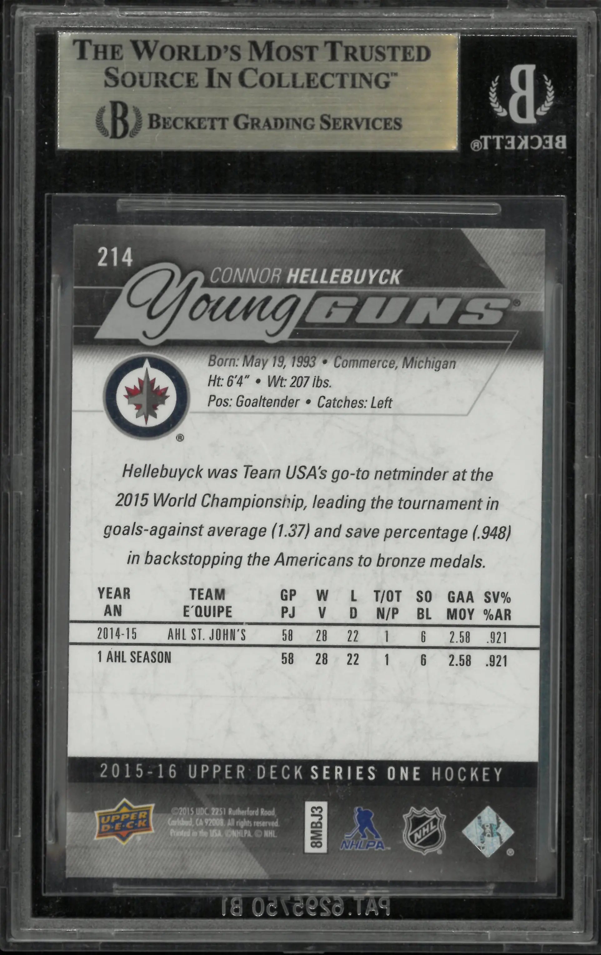 2015 Upper Deck Series 1 Connor Hellebuyck Young Guns RC Rookie BGS 9.5 