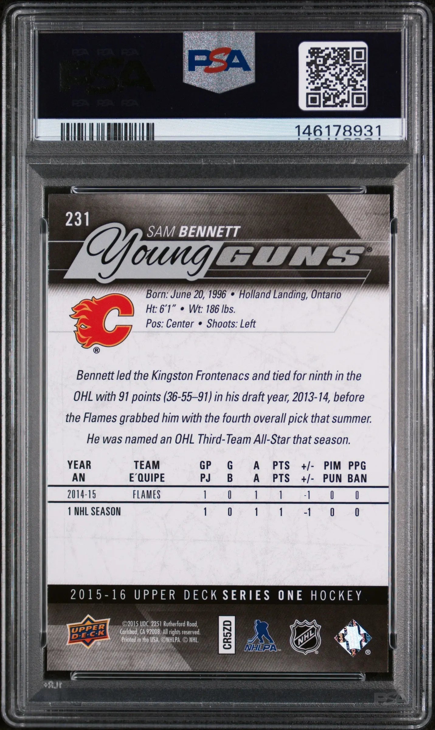 2015 Upper Deck Series 1 Young Guns Rookie Sam Bennett RC PSA 10 