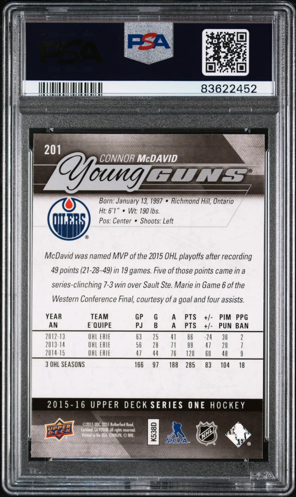 2015 Upper Deck Series One Young Guns Rookie Connor McDavid RC PSA 9 