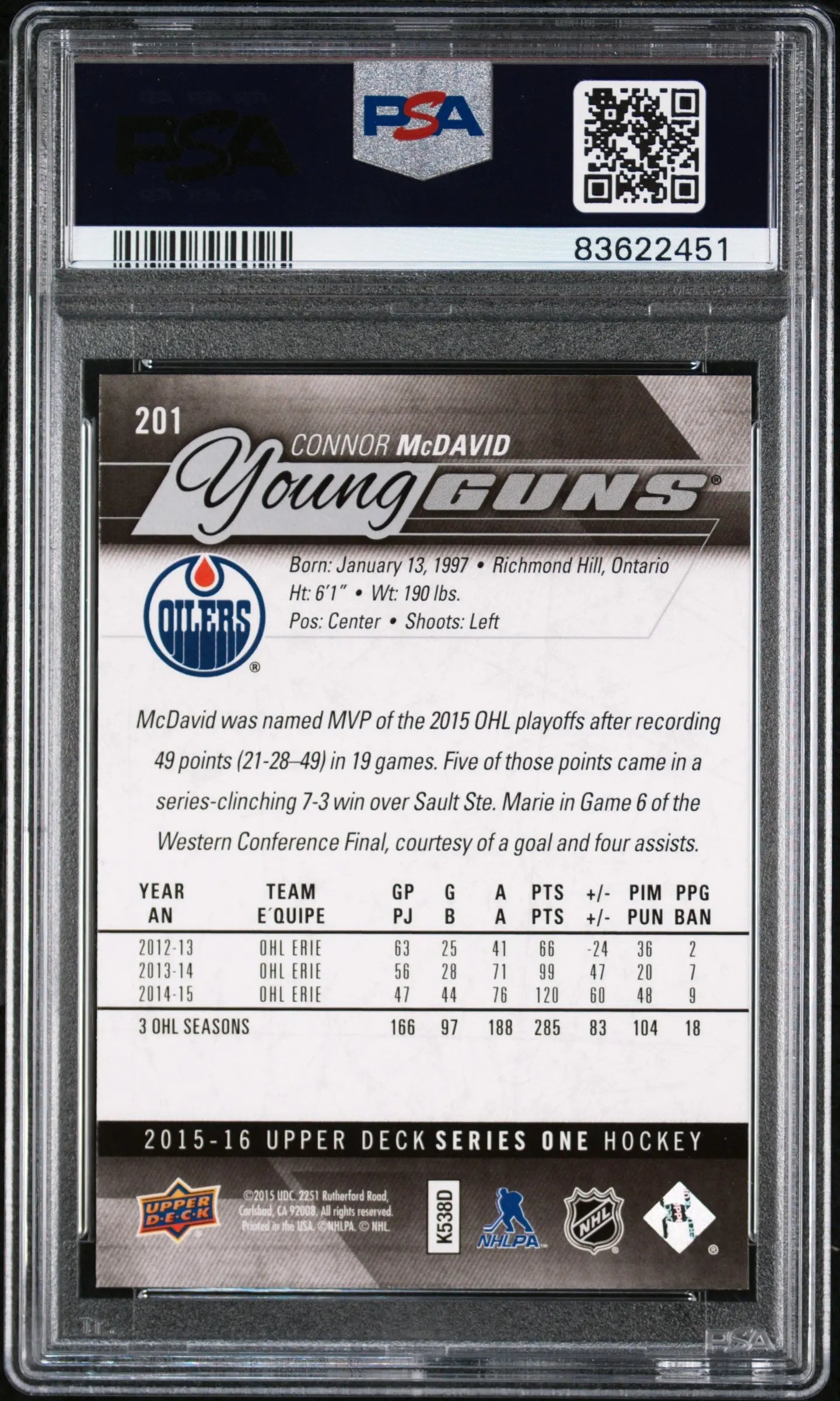 2015 Upper Deck Series One Young Guns Rookie Connor Mcdavid RC PSA 9 