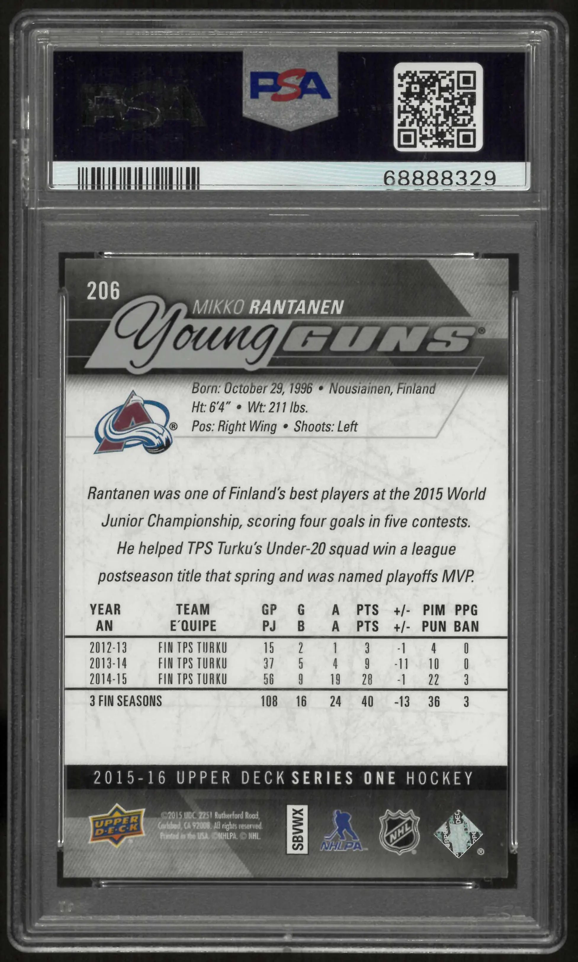 2015 Upper Deck Series One Young Guns Rookie Mikko Rantanen RC PSA 10 