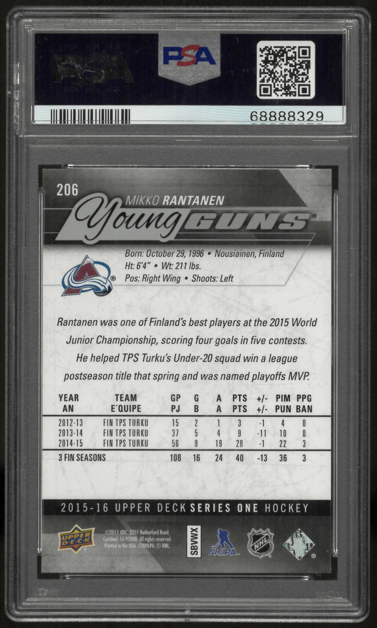 2015 Upper Deck Series One Young Guns Rookie Mikko Rantanen RC PSA 10 