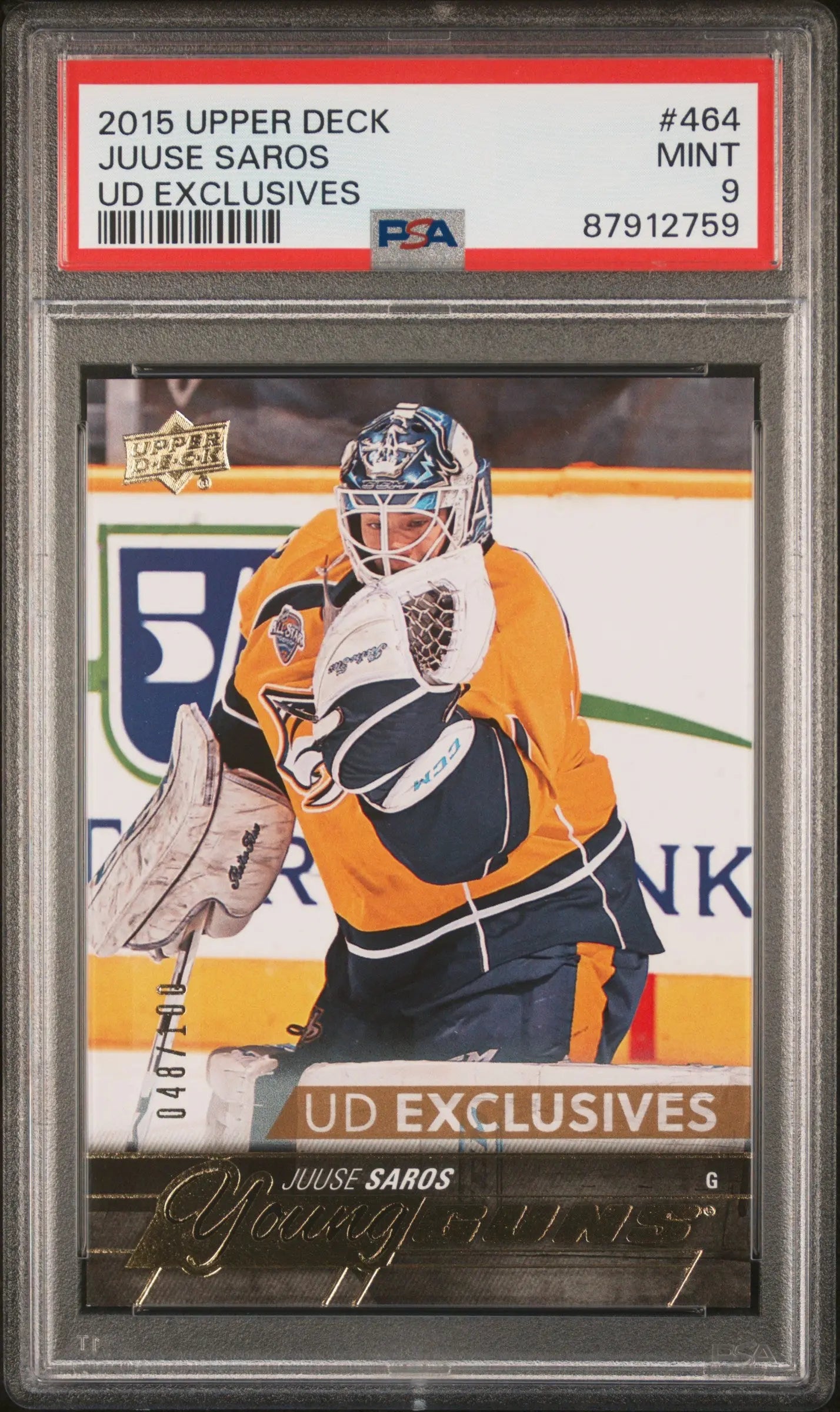 2015 Upper Deck Series Two Young Guns Rookie Juuse Saros UD Exclusives/100 PSA 9 