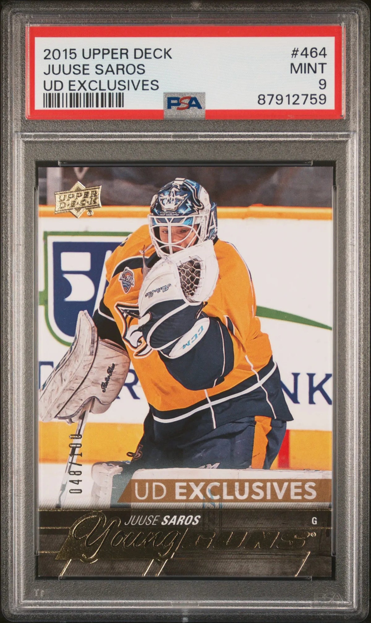 2015 Upper Deck Series Two Young Guns Rookie Juuse Saros UD Exclusives/100 PSA 9 