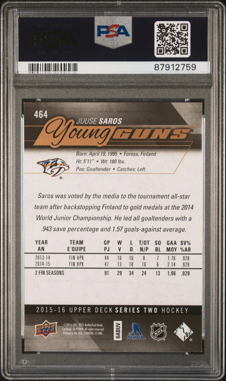 2015 Upper Deck Series Two Young Guns Rookie Juuse Saros UD Exclusives/100 PSA 9 