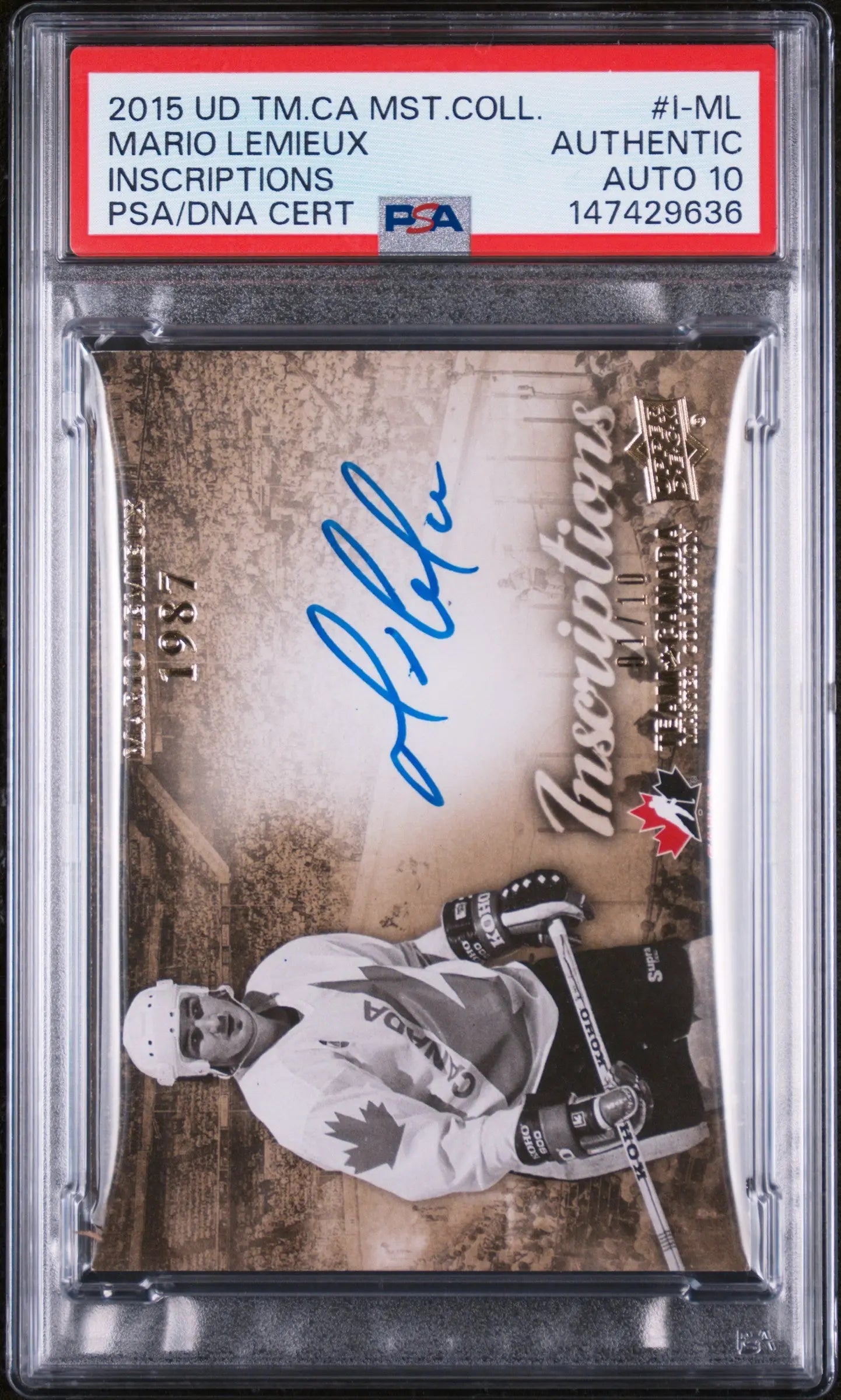2015 Upper Deck Team Canada Autograph Inscription Mario Lemieux/10 PSA A Auto 10 