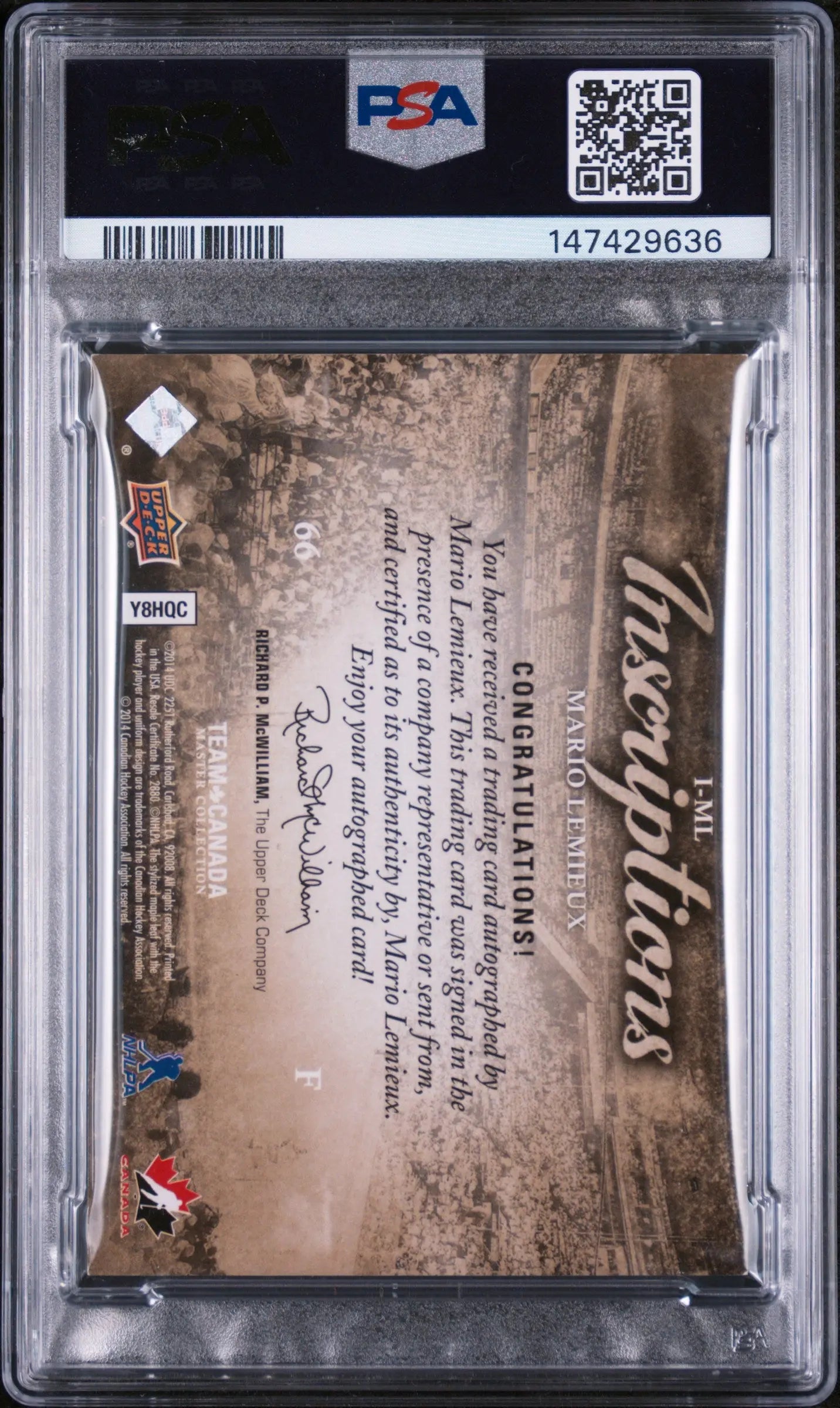 2015 Upper Deck Team Canada Autograph Inscription Mario Lemieux/10 PSA A Auto 10 
