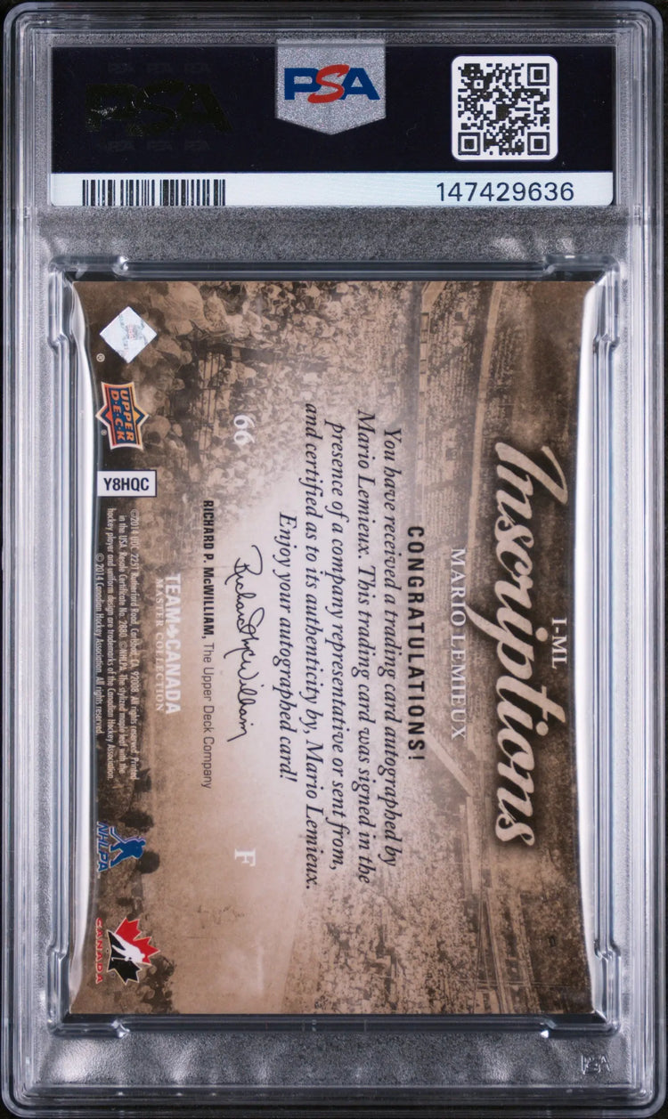 2015 Upper Deck Team Canada Autograph Inscription Mario Lemieux/10 PSA A Auto 10 