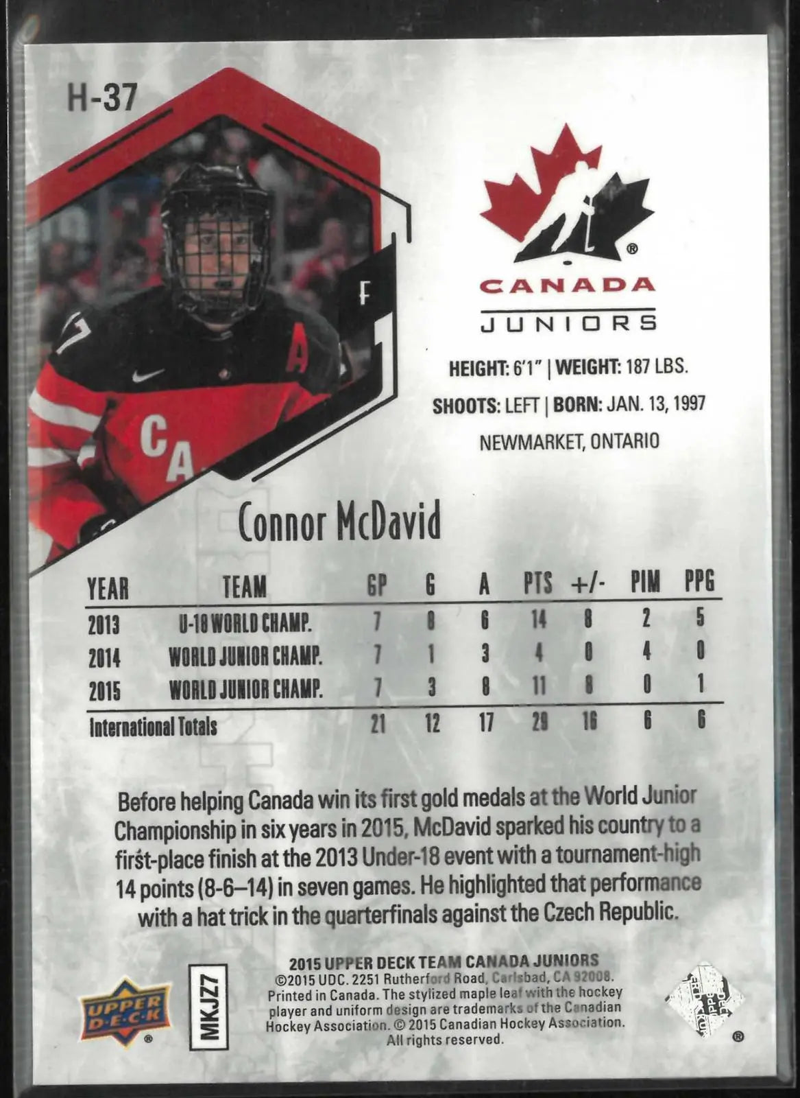 2015 Upper Deck Team Canada Juniors Hydro Rookie Connor McDavid RC 