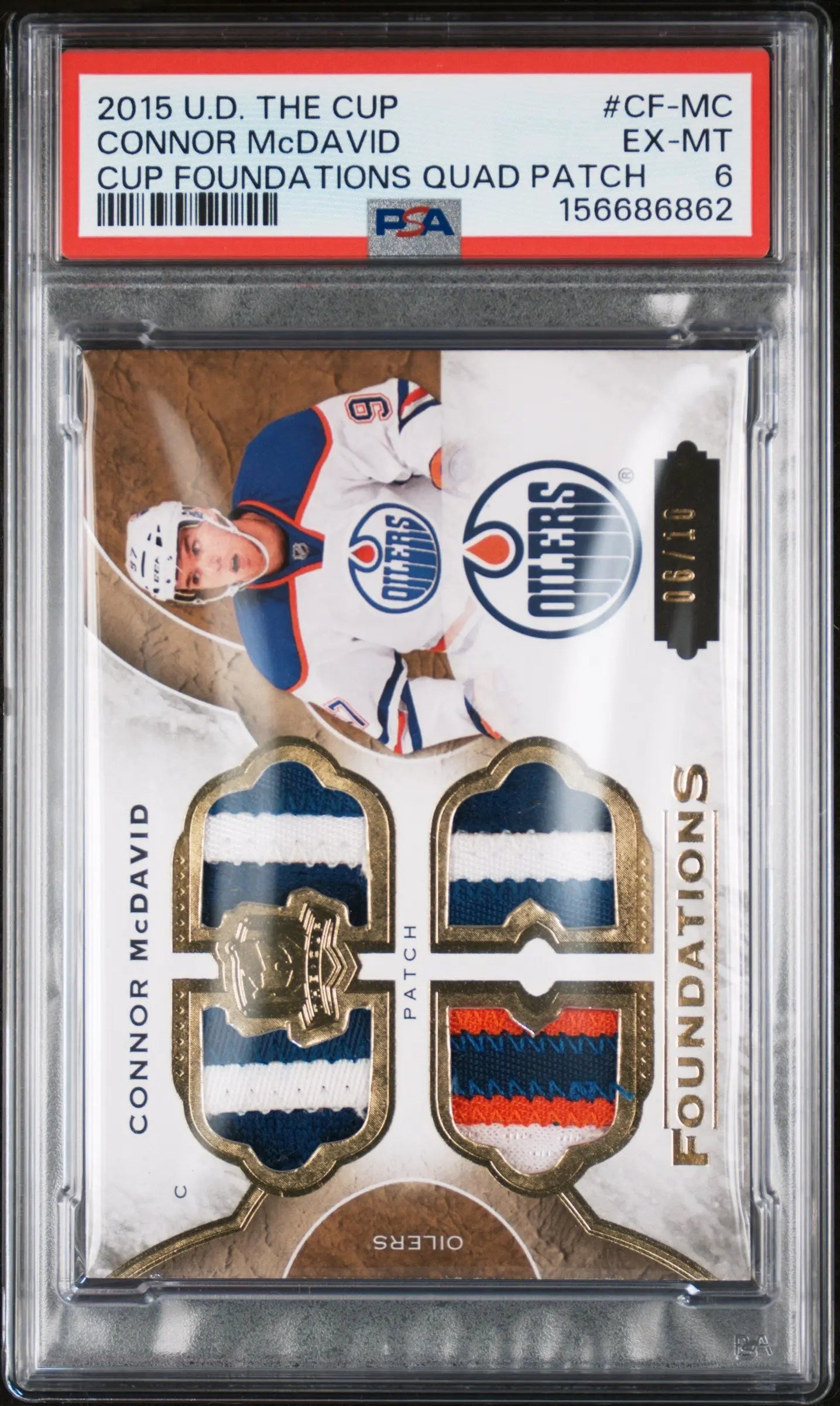 2015 Upper Deck The  Cup Foundations Quad Patch Rookie Connor McDavid /10 PSA 6 