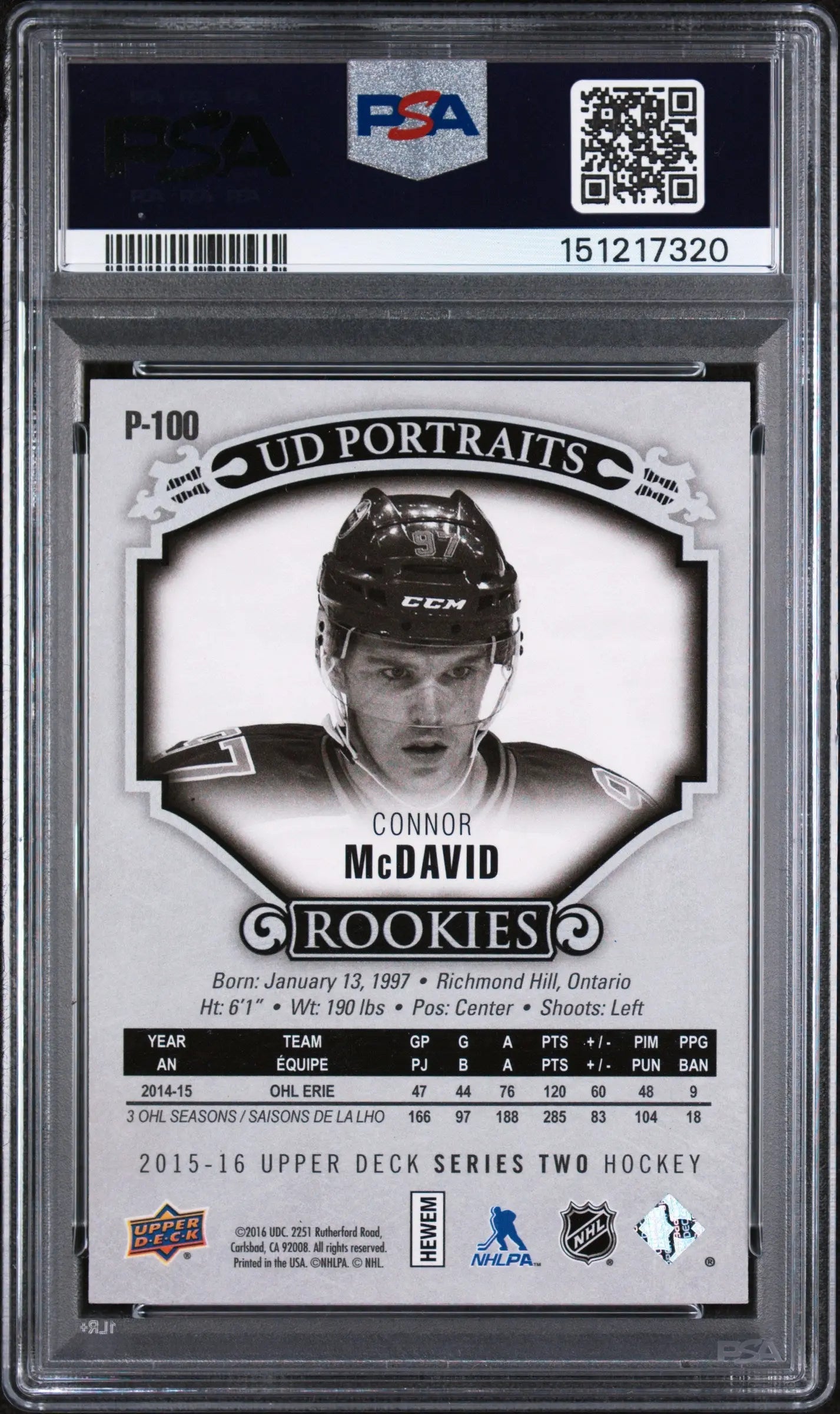 2015 Upper Deck UD Portraits Connor McDavid #P-100 PSA 10 
