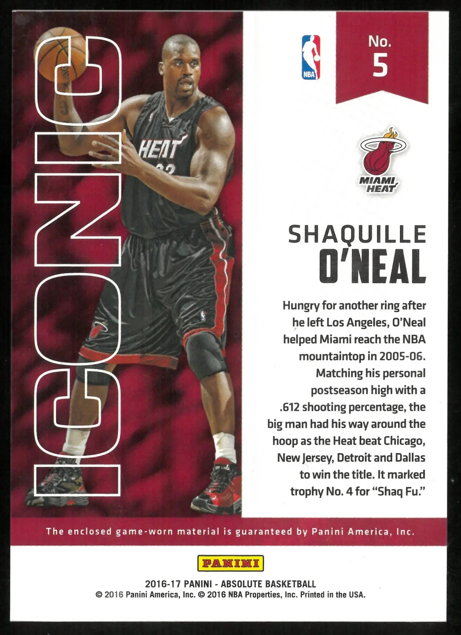 2016-17 Absolute Basketball Shaquille O'Neal Iconic Tri Color Patch /10 