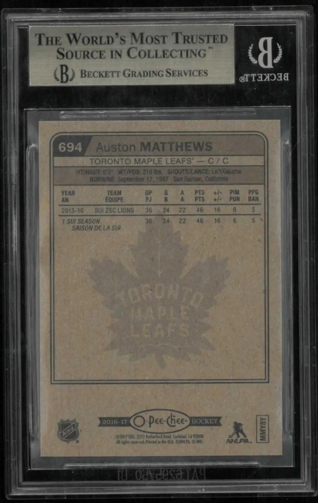 2016-17 O-Pee-Chee OPC Hockey Marquee Rookies Auston Matthews RC BGS 9.5 