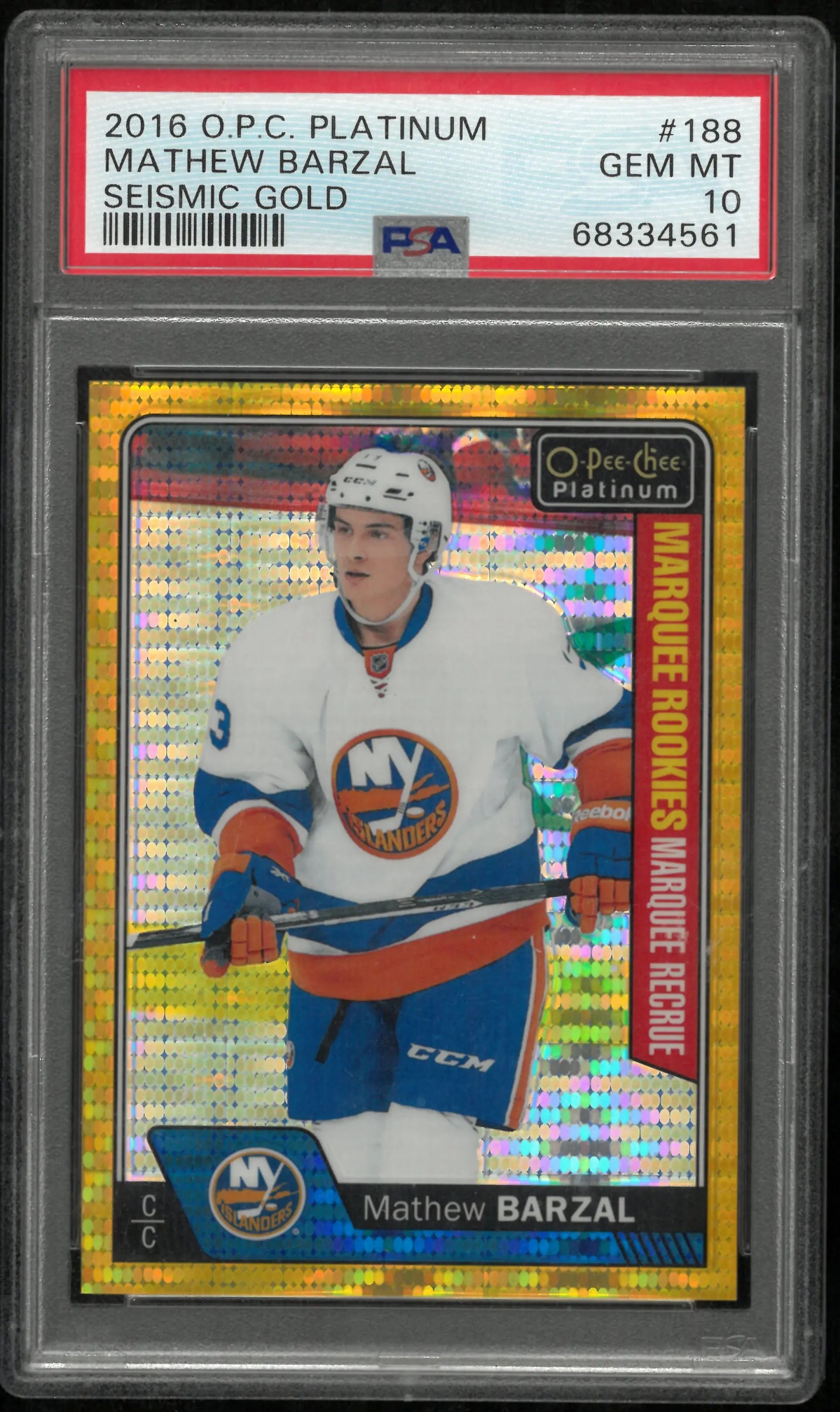 2016-17 O-Pee-Chee Platinum Mathew Barzal /50 Seismic Gold PSA 10 RC Rookie 