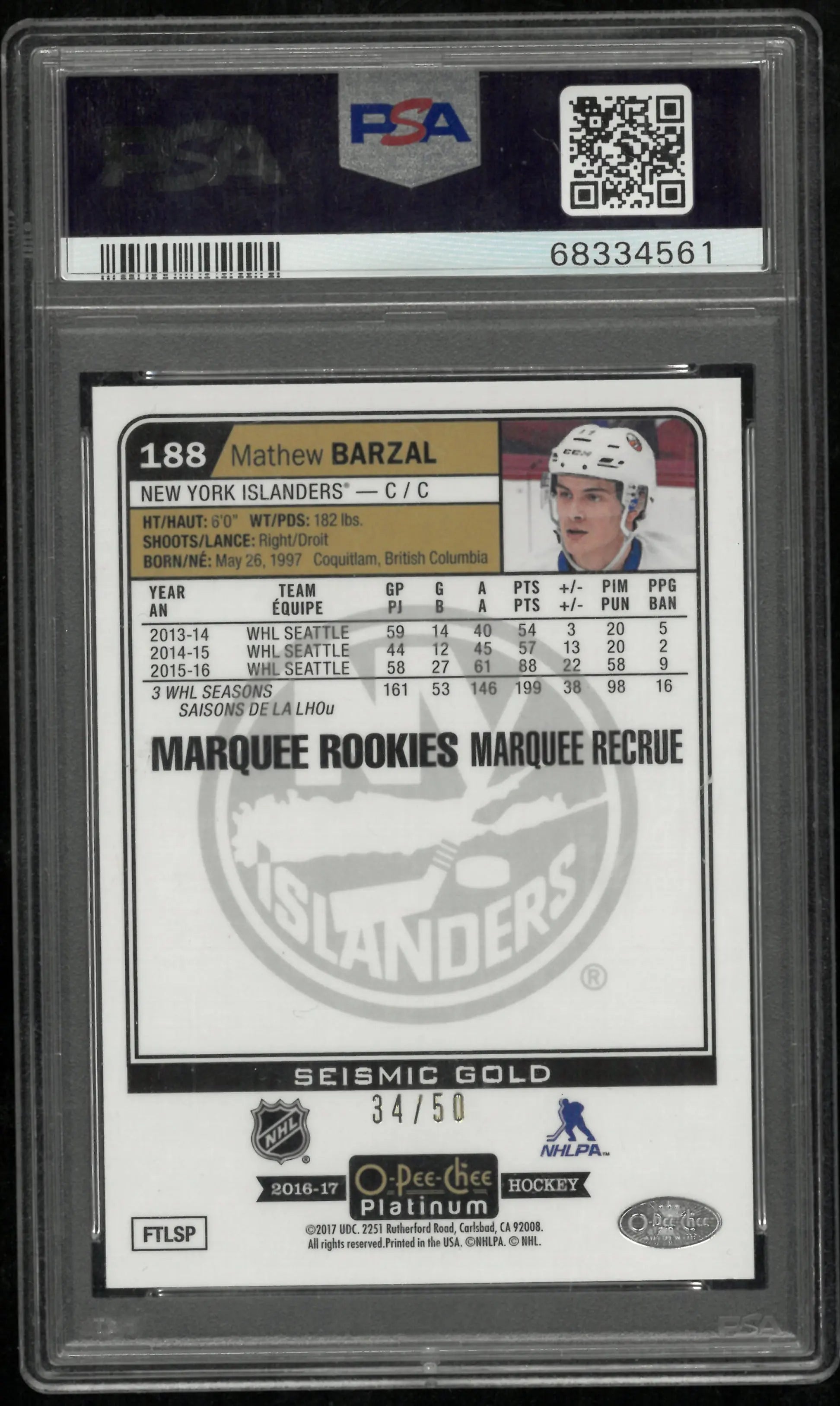 2016-17 O-Pee-Chee Platinum Mathew Barzal /50 Seismic Gold PSA 10 RC Rookie 