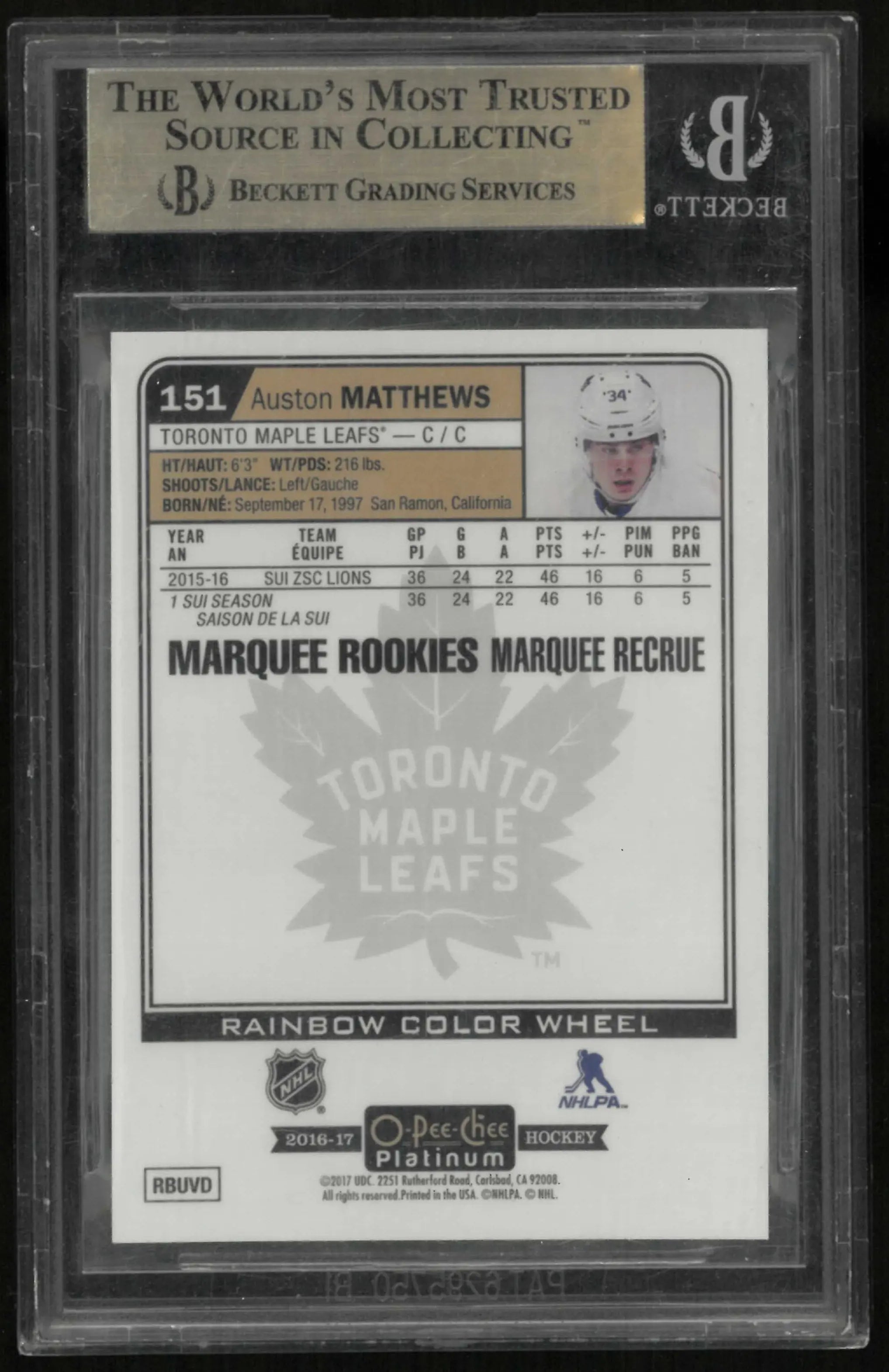 2016-17 O-Pee-Chee Platinum Rookie Auston Matthews Rainbow Color Wheel BGS 9.5 