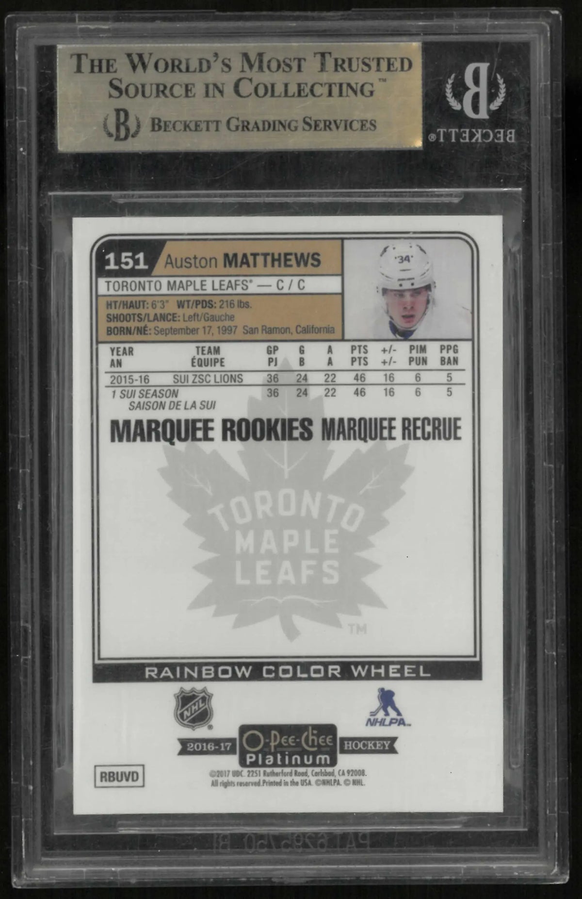 2016-17 O-Pee-Chee Platinum Rookie Auston Matthews Rainbow Color Wheel BGS 9.5 