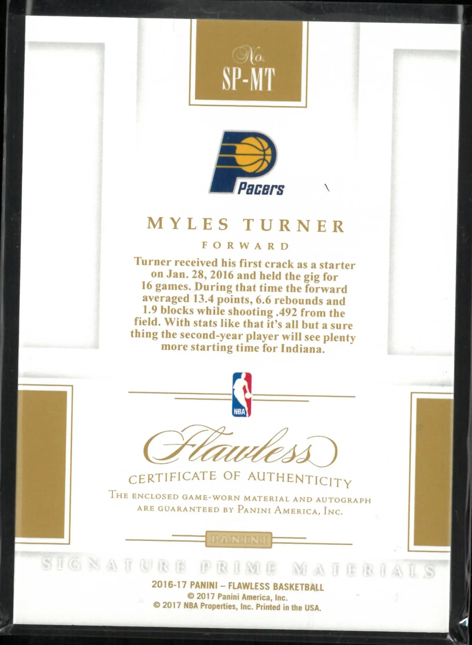 2016-17 Panini Flawless Basketball Patch Autograph  Myles Turner /25 auto 