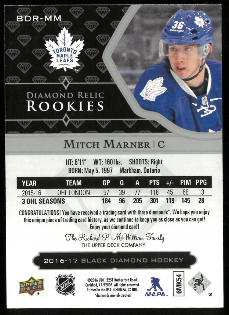 2016-17 UD Black Diamond Mitch Marner RC Rookie Triple Diamond Relic /99 