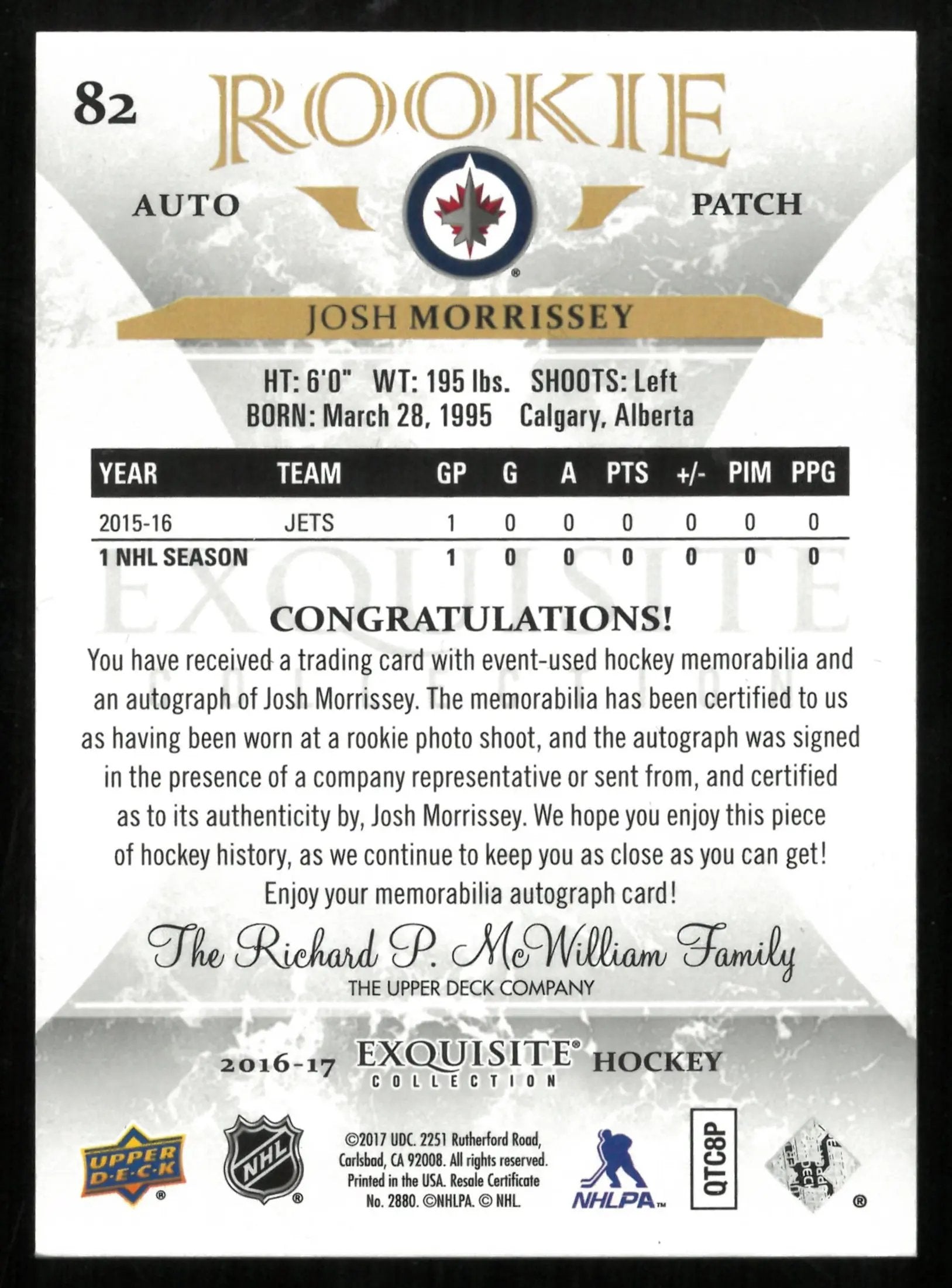 2016-17 UD Exquisite Col. Josh Morrissey RC Rookie Patch Auto /44 