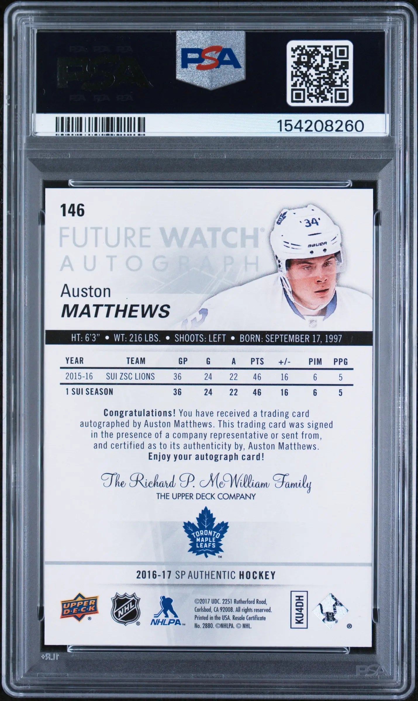 2016-17 UD SP Authentic Auston Matthews Future Watch RC Rookie Auto /999 PSA 9 