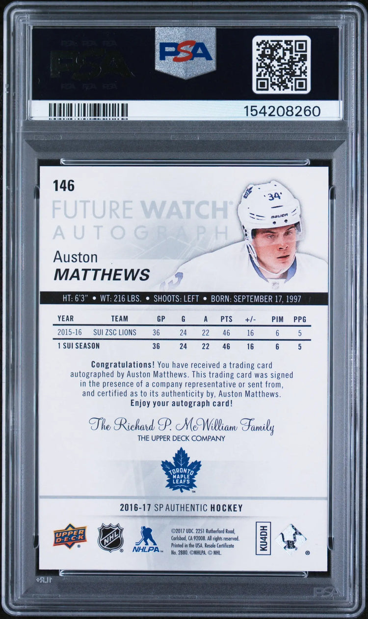 2016-17 UD SP Authentic Auston Matthews Future Watch RC Rookie Auto /999 PSA 9 
