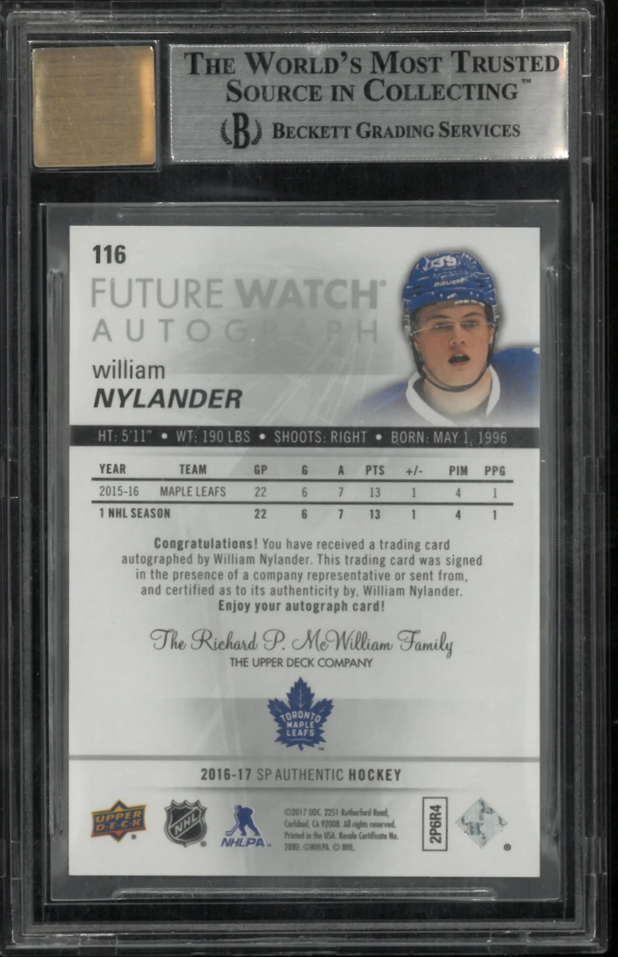 2016-17 UD SP Authentic Future Watch Rookie Auto William Nylander BGS 9 Auto 10 
