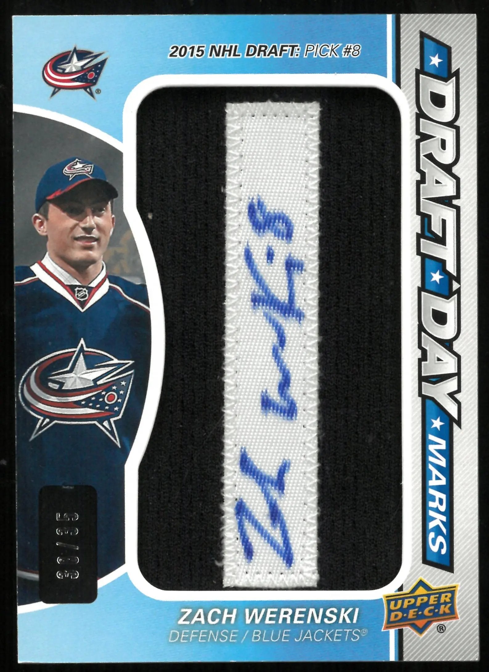 2016-17 UD SP Game Used Zach Werenski RC Draft Day Auto Letter "I" /35 