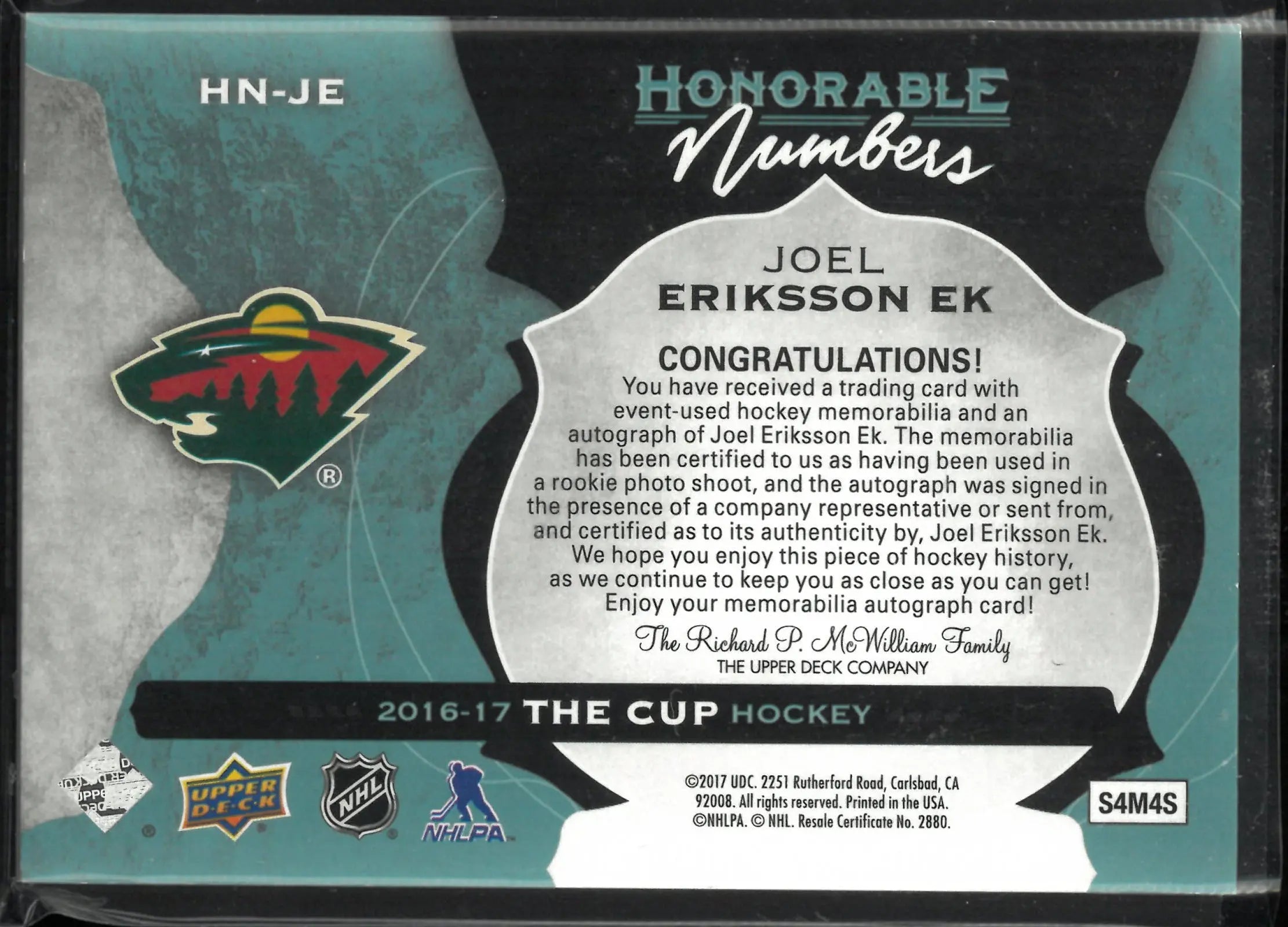 2016-17 UD The Cup Honorable Numbers Patch Autograph Joel Eriksson Auto /14 