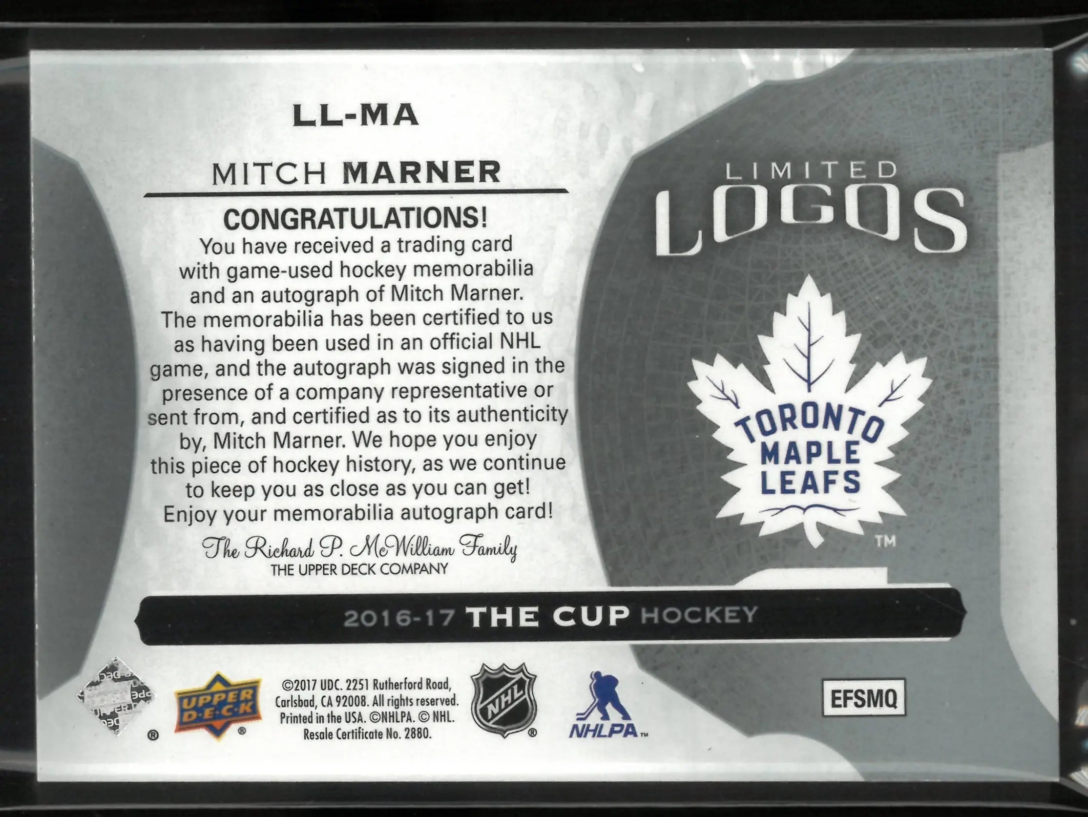 2016-17 UD The Cup Limited Logos RC Patch Autograph Mitch Marner Auto /25 