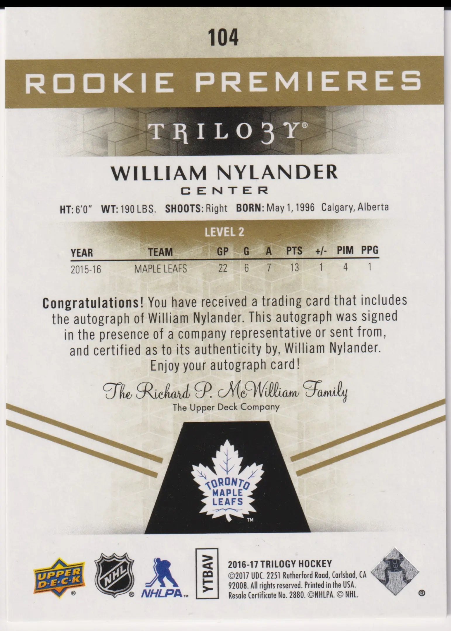 2016-17 UD Trilogy Rookie Premieres Autograph William Nylander Level 2 Auto /275 