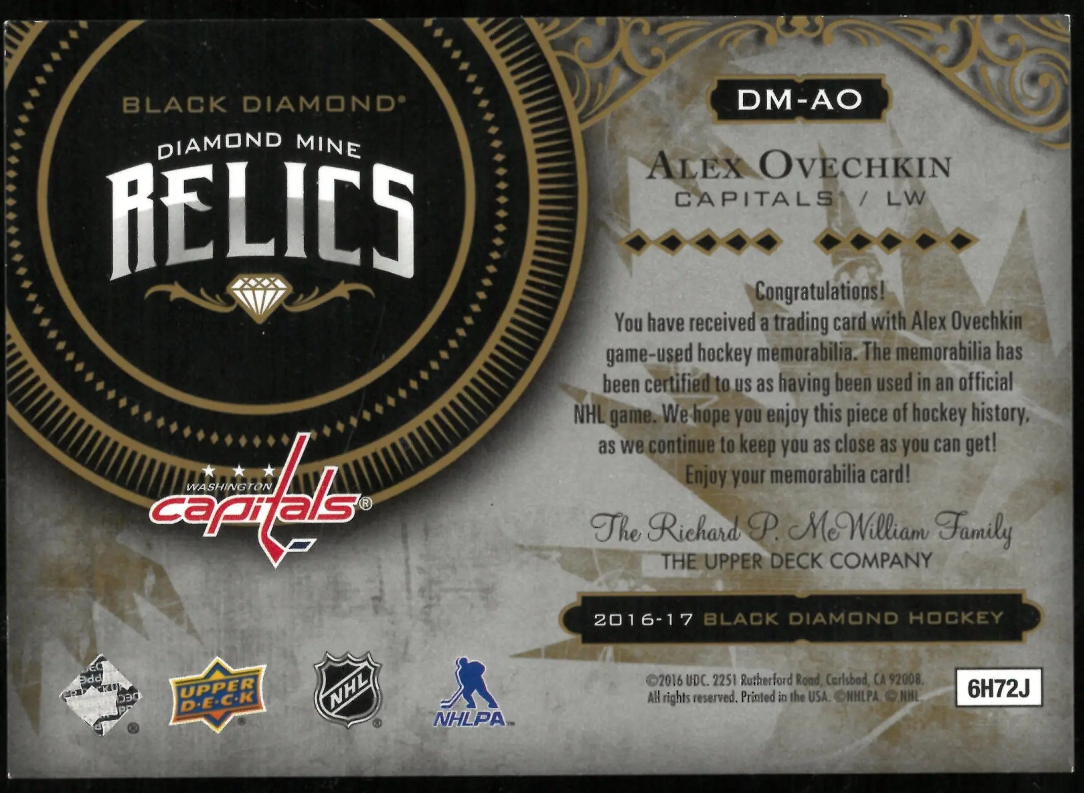 2016-17 Upper Deck Black Diamond Alexander Ovechkin Patch /15 
