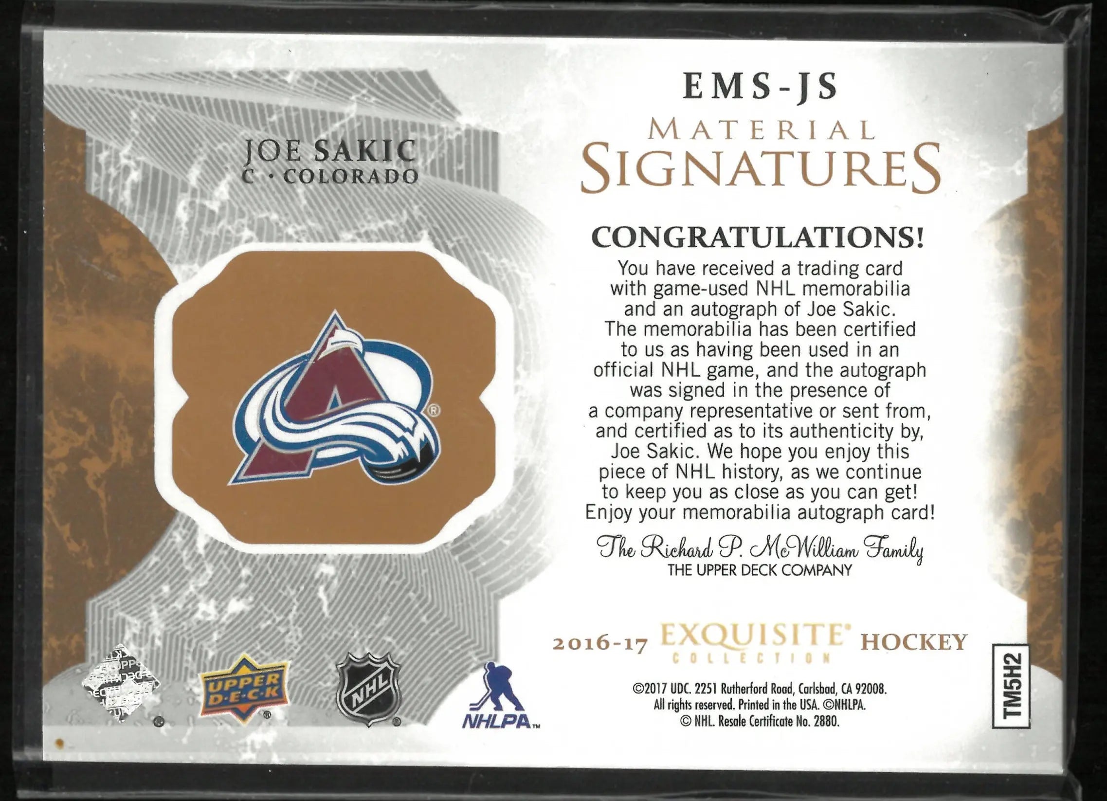 2016-17 Upper Deck Exquisite Material Signatures Joe Sakic Patch Autograph /49 