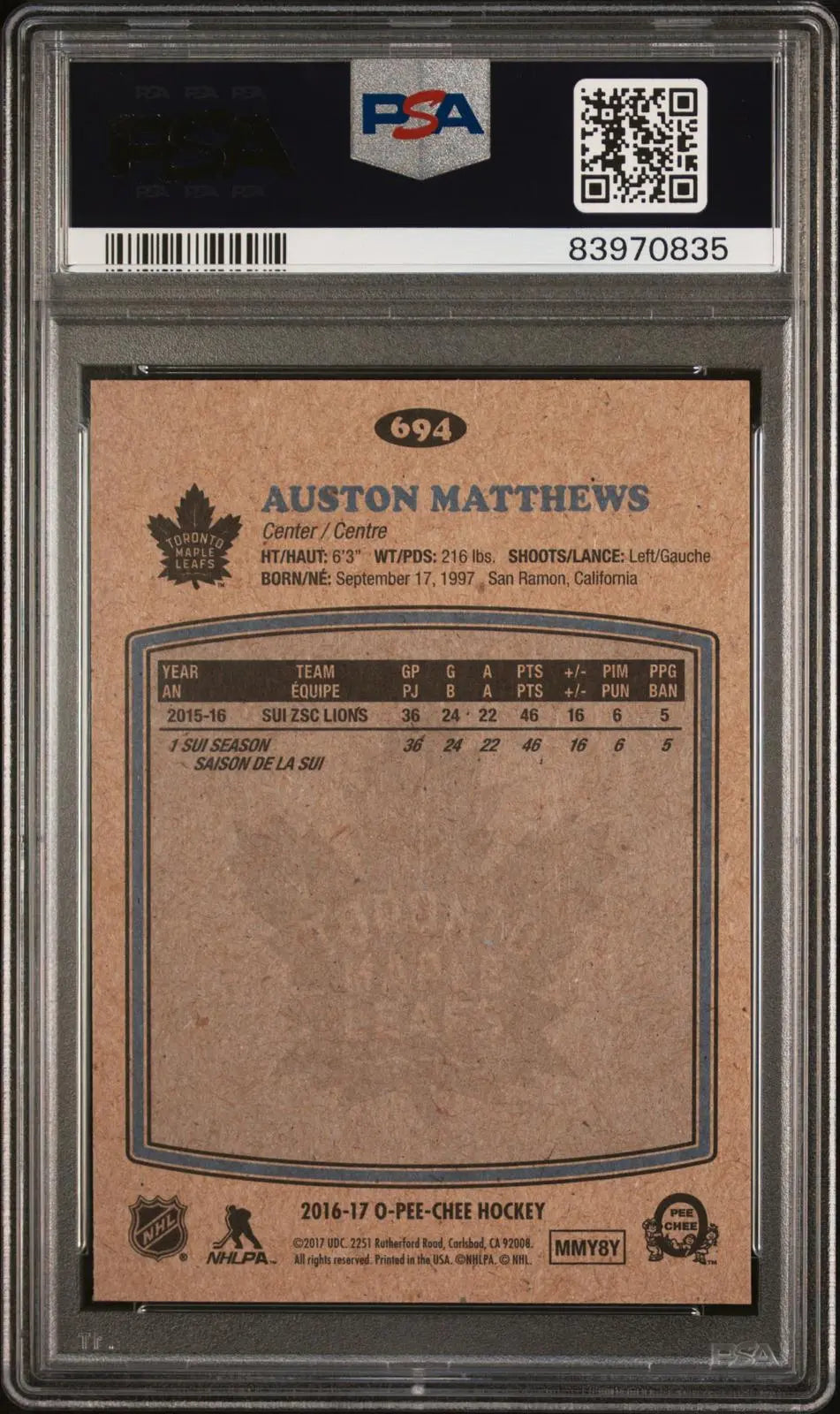 2016-17 Upper Deck O-Pee-Chee Update Rookie Auston Matthews RC Retro PSA 10 