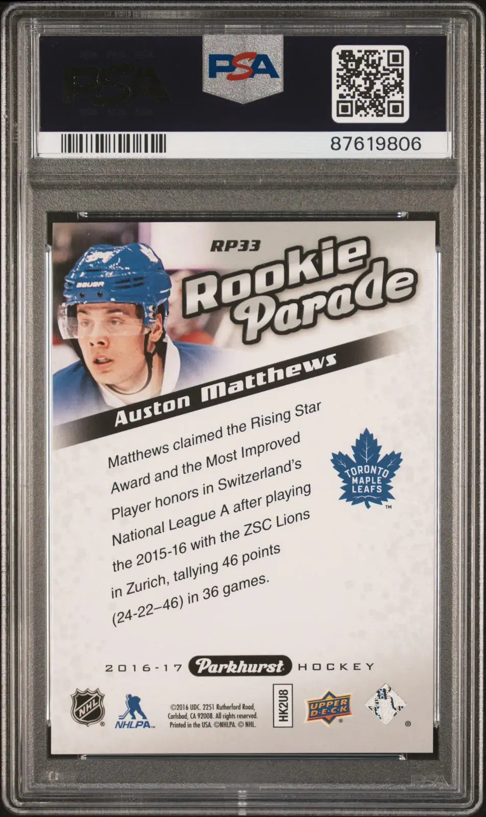 2016-17 Upper Deck Parkhurst Rookie Parade Auston Matthews RC PSA 10 