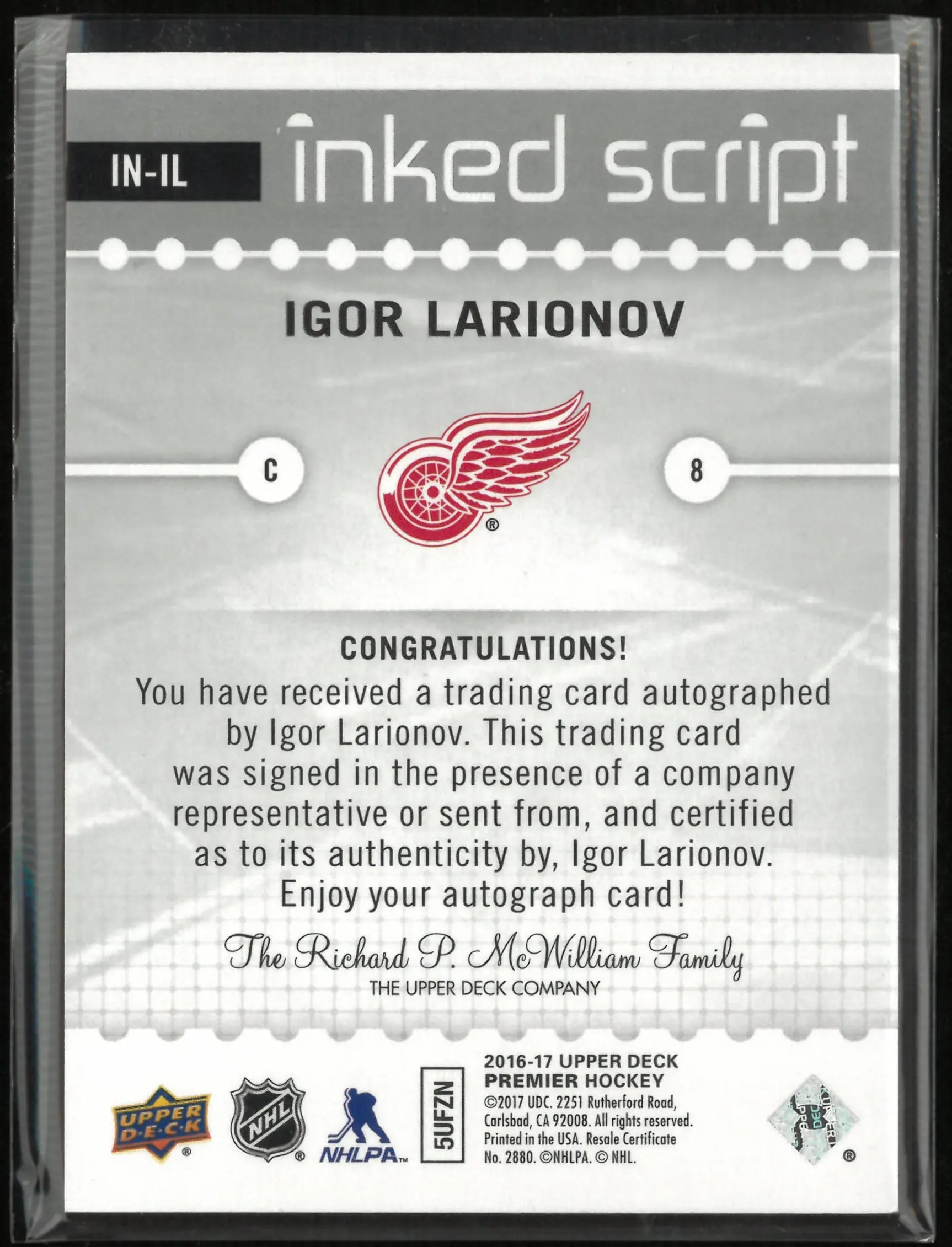 2016-17 Upper Deck Premier Inked Script Igor Larionov Autograph /99 