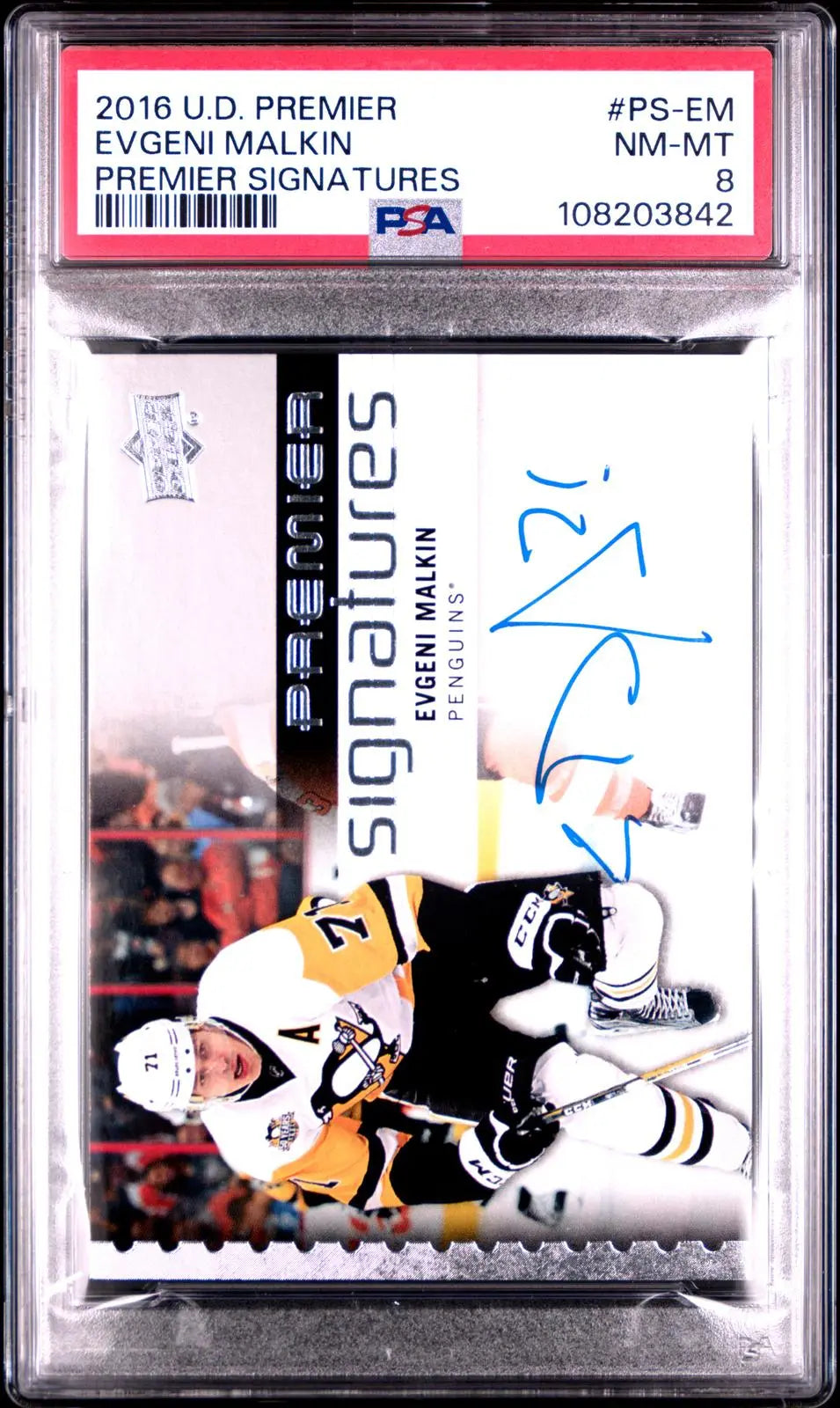 2016-17 Upper Deck Premier Signatures Autograph Evgeni Malkin Auto PSA 8 Pop 2 