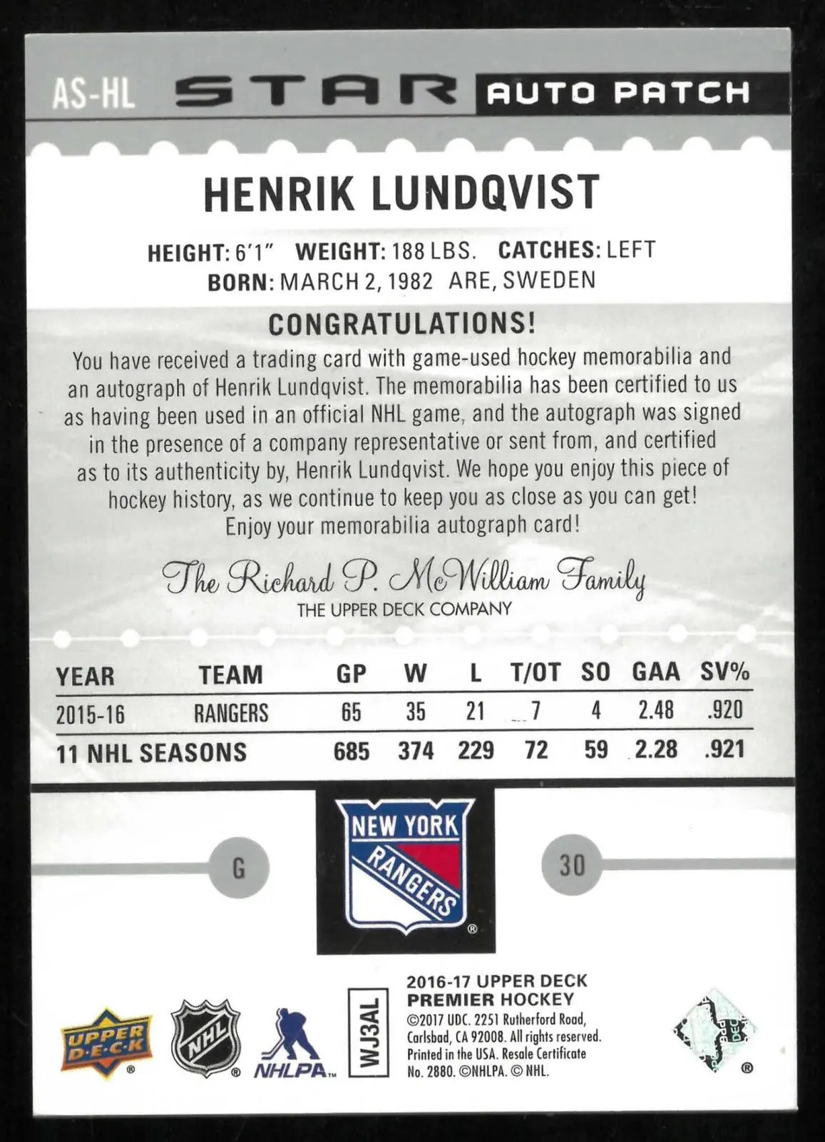 2016-17 Upper Deck Premier Star Autograph Patch Henrik Lundqvist Auto /49 