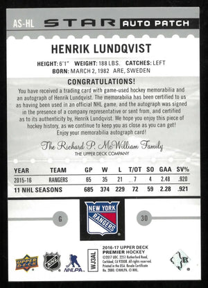 2016-17 Upper Deck Premier Star Autograph Patch Henrik Lundqvist Auto /49 