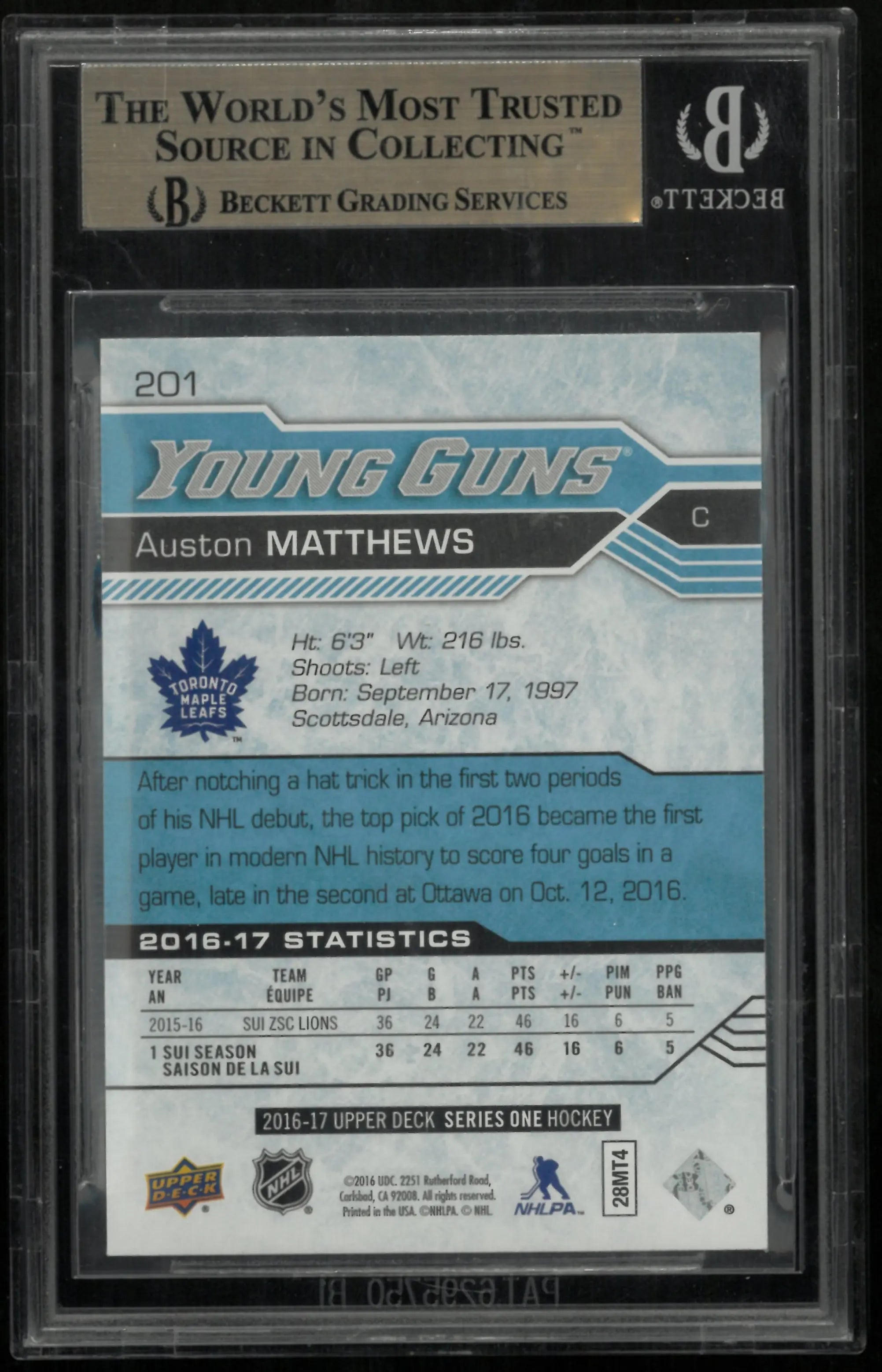 2016-17 Upper Deck Series One Auston Matthews Young Guns RC Rookie BGS 9.5 