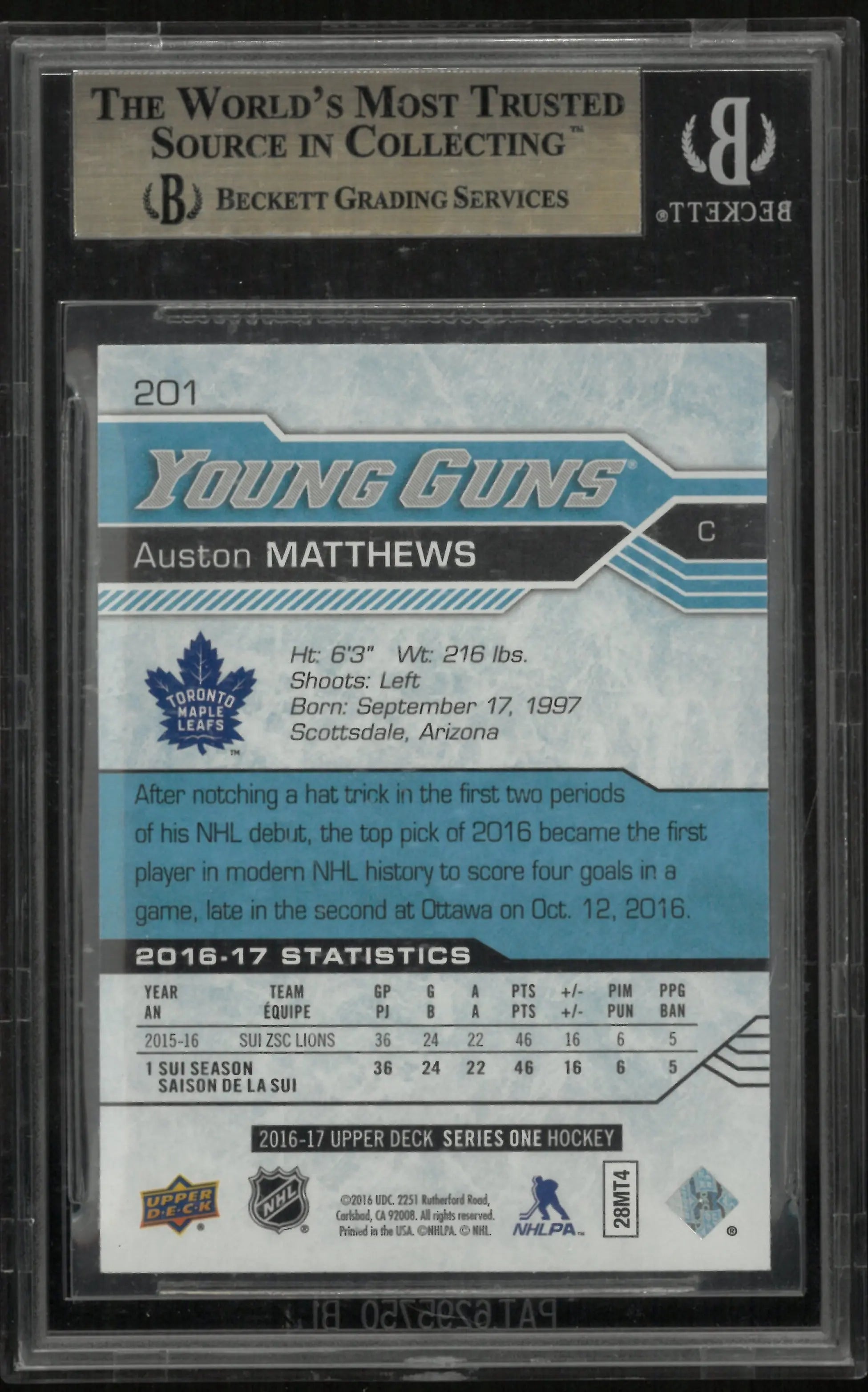 2016-17 Upper Deck Series One Auston Matthews Young Guns RC Rookie BGS 9.5 #201 