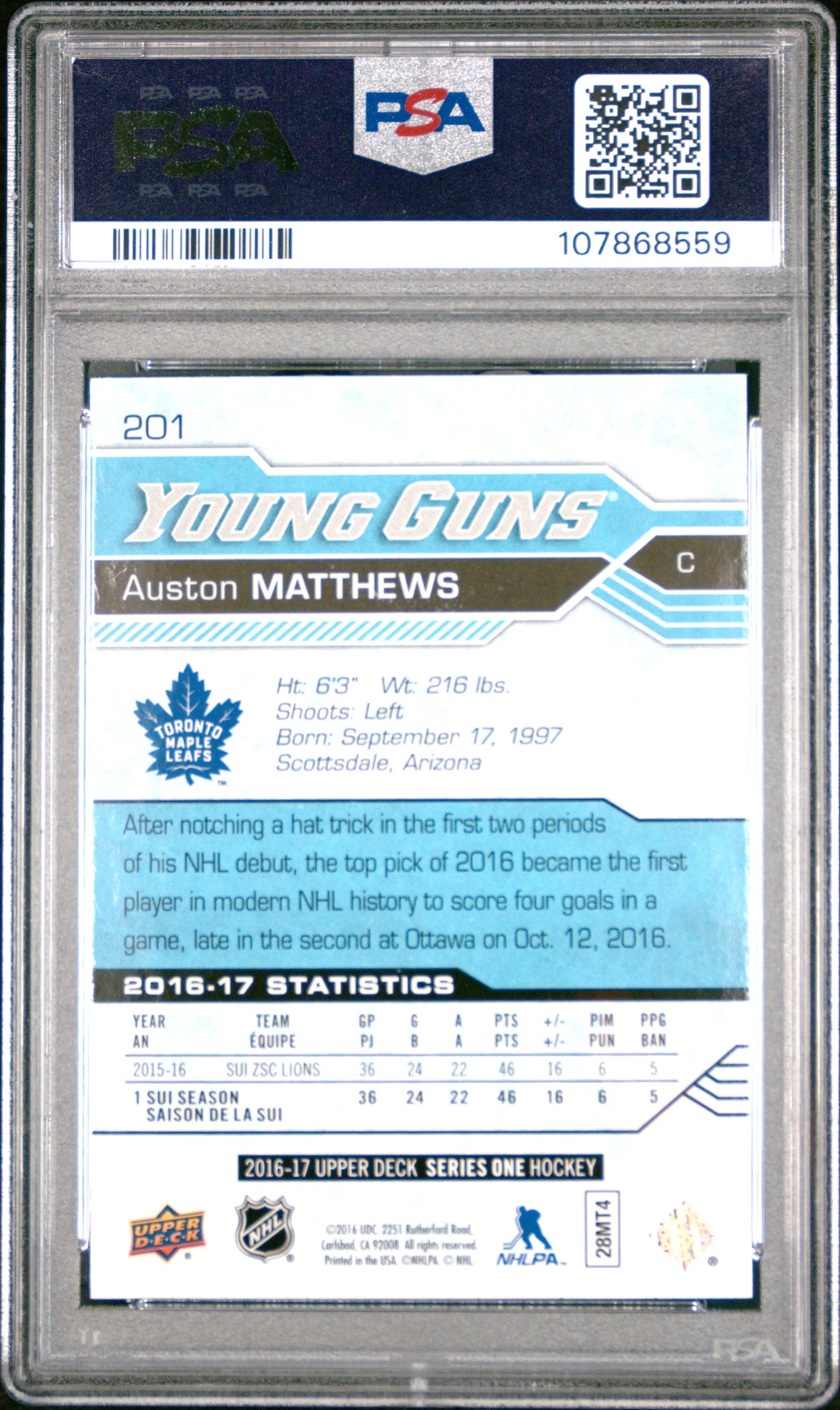 2016-17 Upper Deck Series One Auston Matthews Young Guns RC Rookie PSA 10 