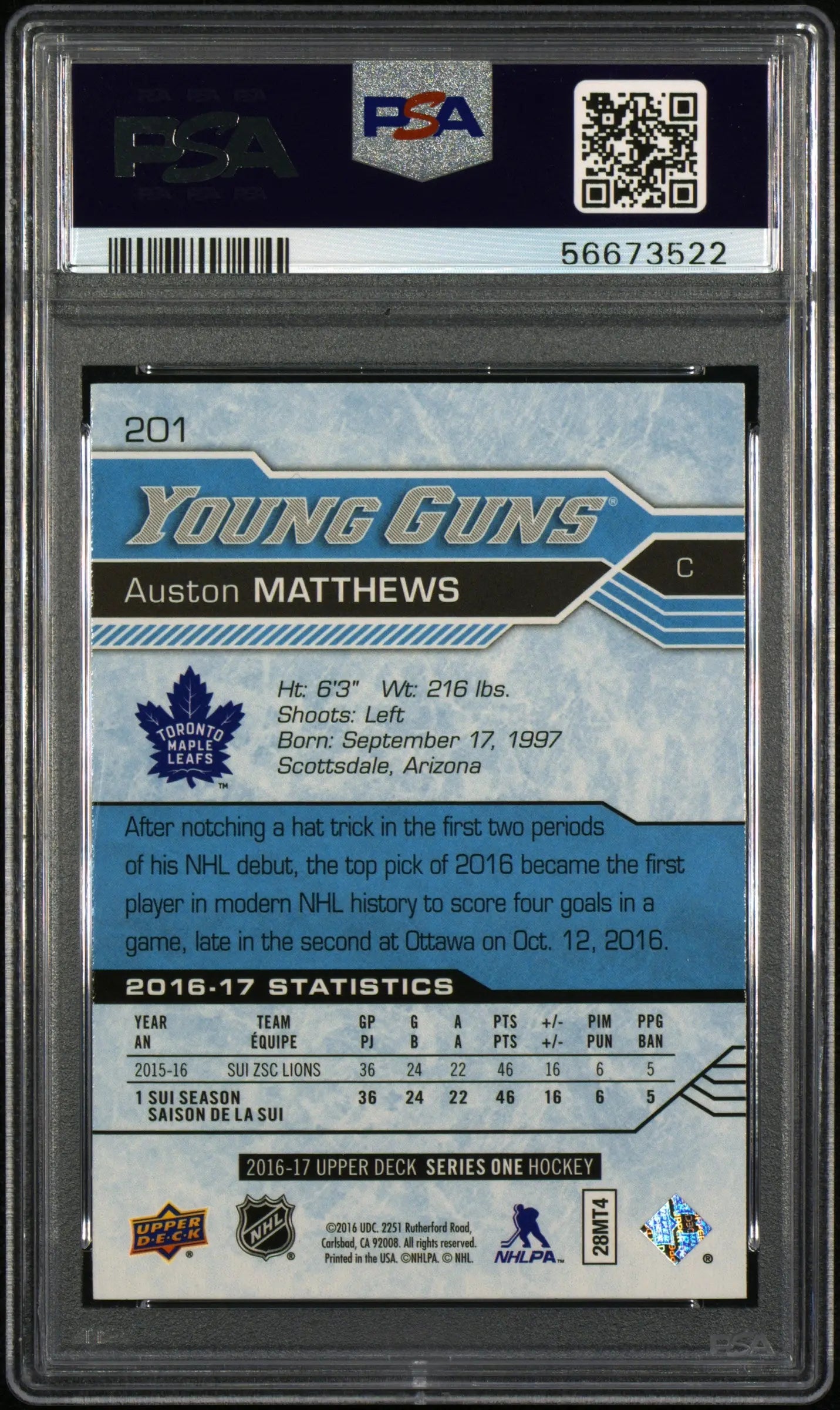 2016-17 Upper Deck Series One Auston Matthews Young Guns RC Rookie #201 PSA 10 