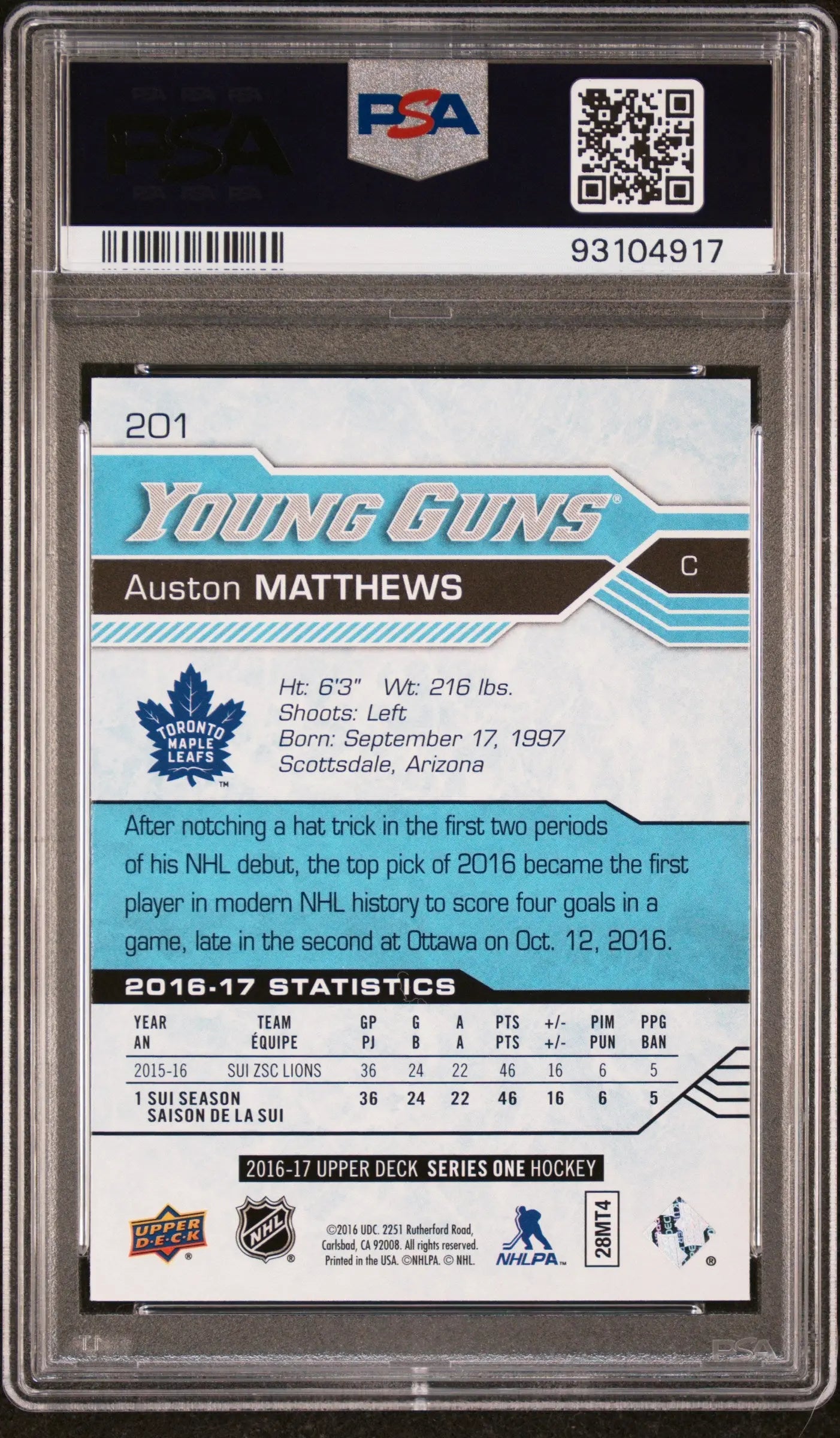 2016-17 Upper Deck Series One Auston Matthews Young Guns RC Rookie #201 PSA 10 