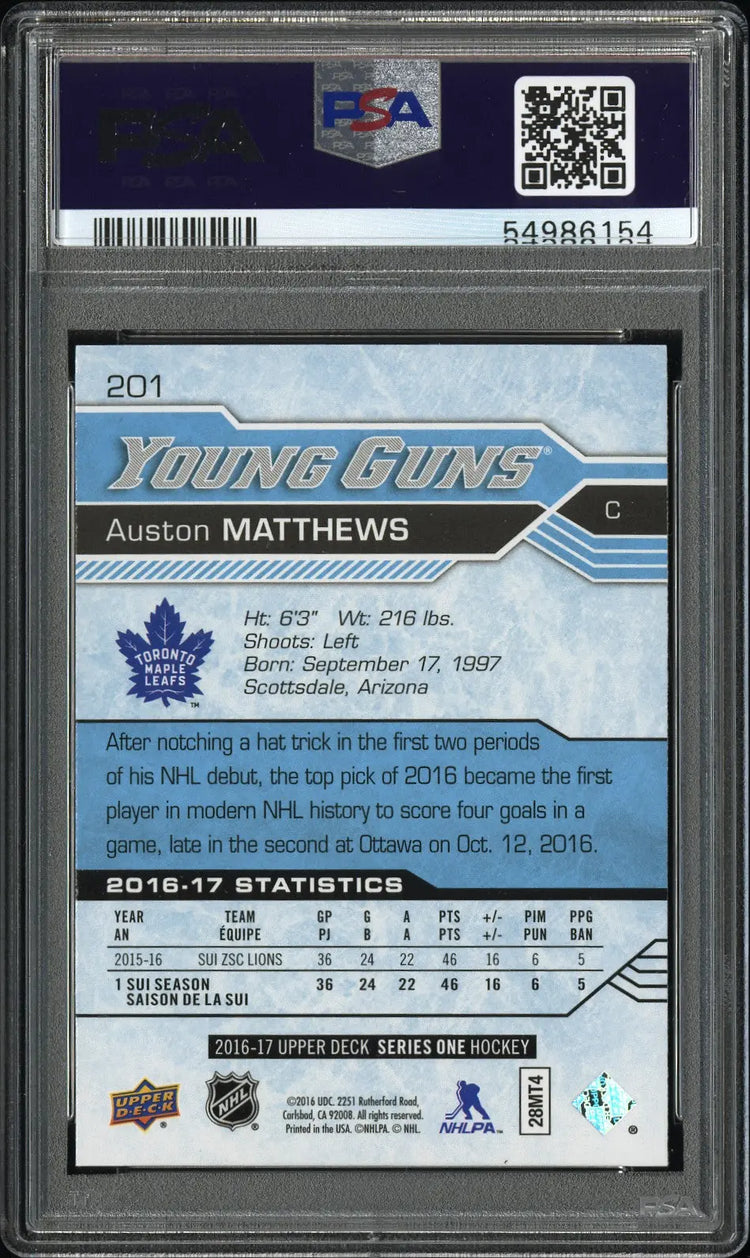 2016-17 Upper Deck Series One Auston Matthews Young Guns RC Rookie #201 PSA 10 
