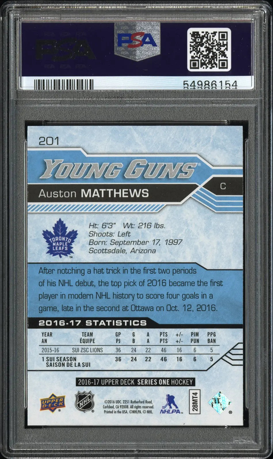 2016-17 Upper Deck Series One Auston Matthews Young Guns RC Rookie #201 PSA 10 