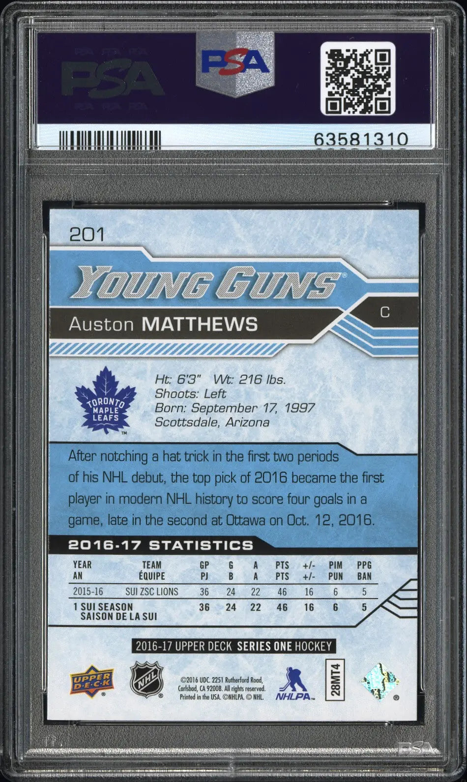 2016-17 Upper Deck Series One Auston Matthews Young Guns RC Rookie #201 PSA 10 