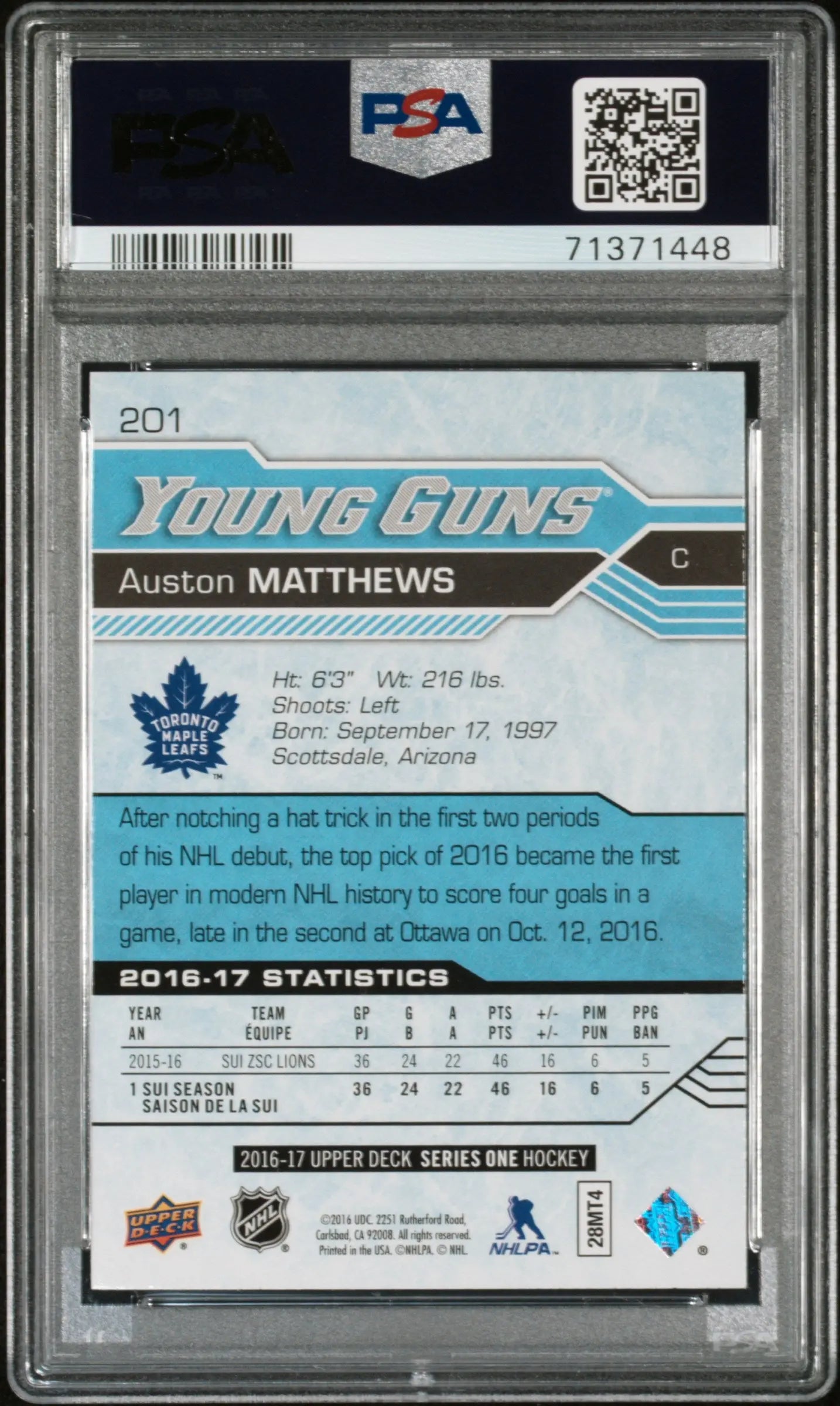 2016-17 Upper Deck Series One Auston Matthews Young Guns RC Rookie #201 PSA 10 