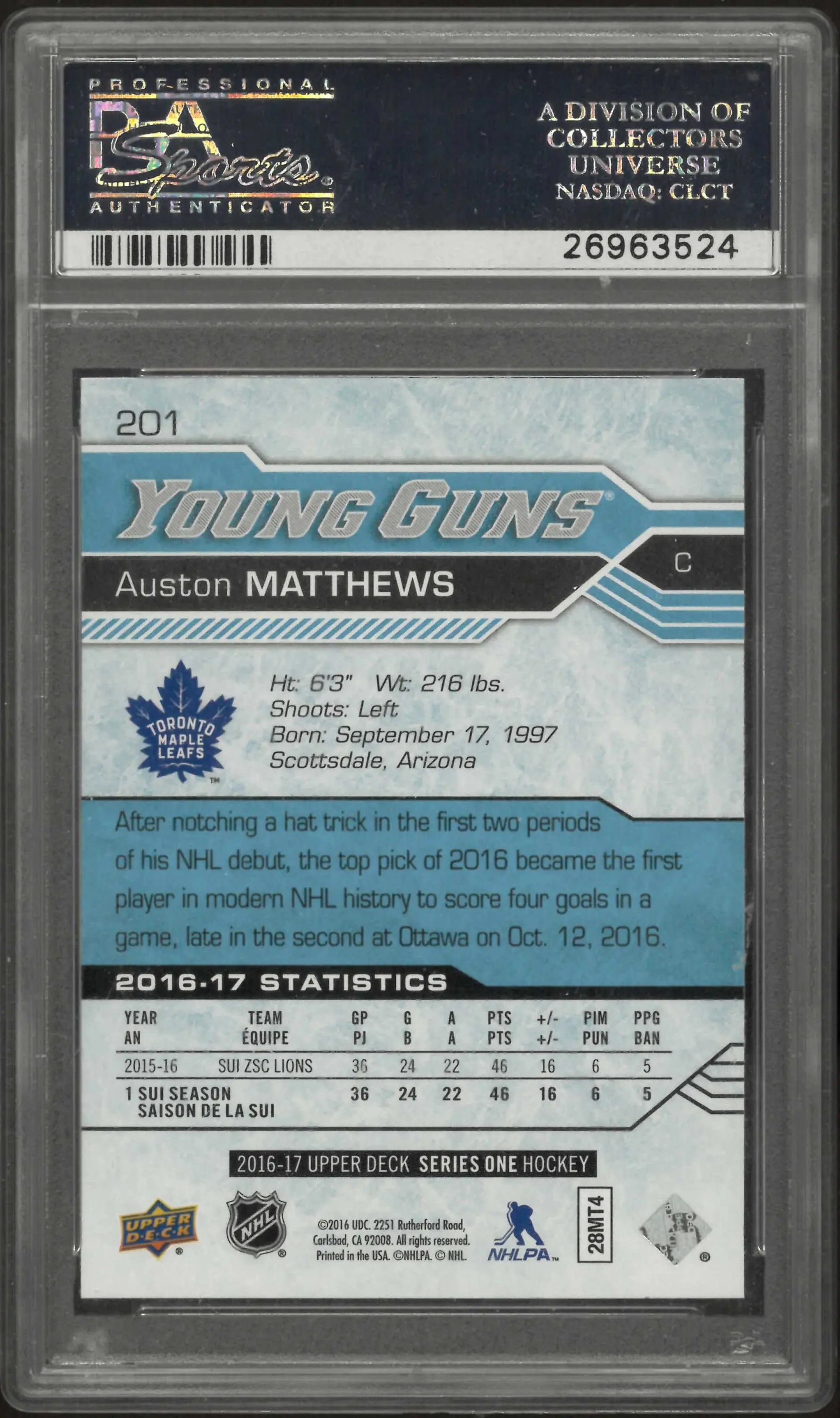 2016-17 Upper Deck Series One Auston Matthews Young Guns RC Rookie #201 PSA 10 