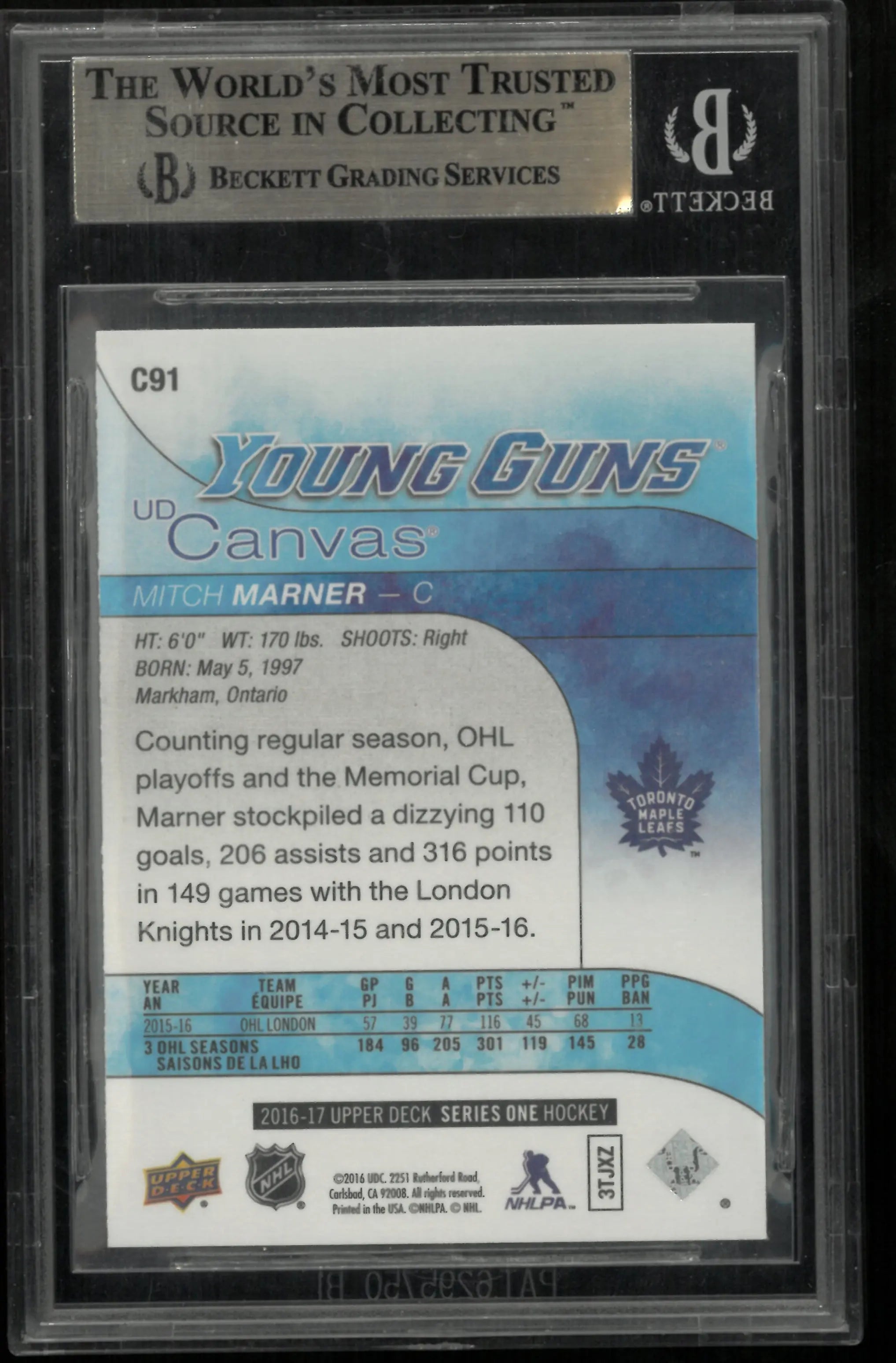 2016-17 Upper Deck Series One UD Canvas Young Guns RC  Mitch Marner BGS 9.5 